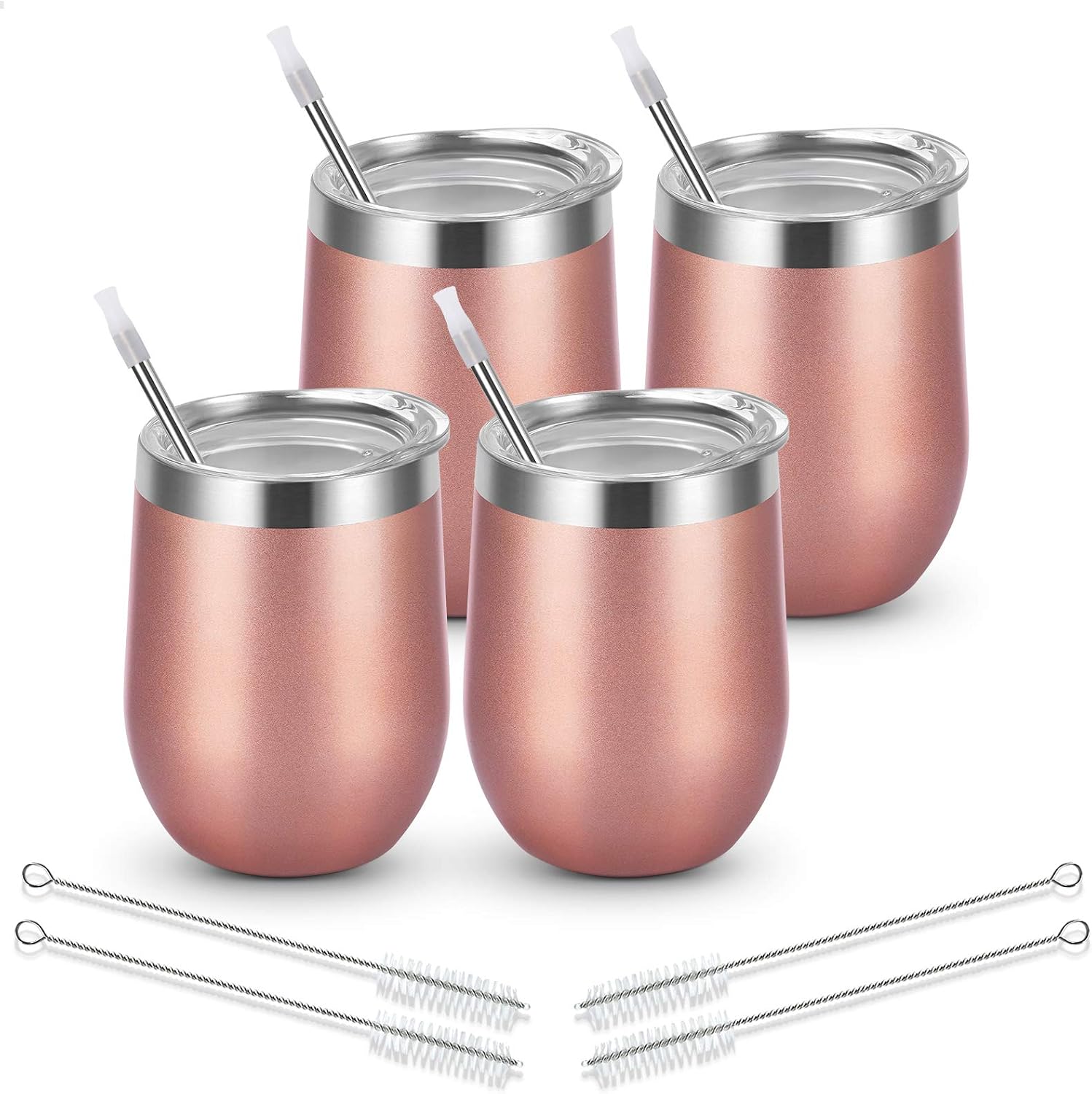 Livole Wine Tumbler Gifts Set of 4, 12oz Double Wall Vaccum Insulation Stainless Steel Wine Glass with Lid and Straw
