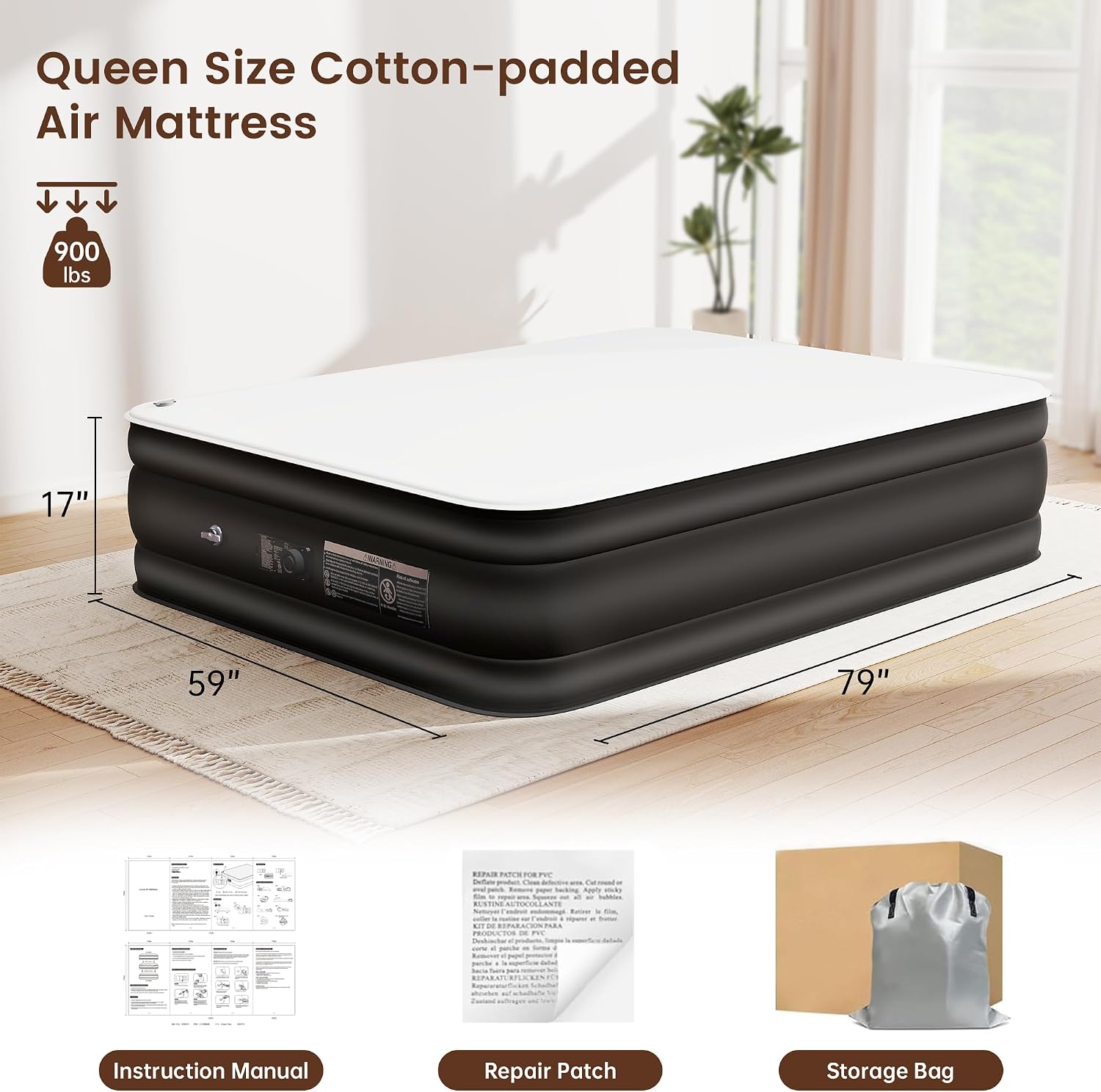 Murago Queen Air Mattress with Built in Pump,17" Double High Queen Size,an Air Bed with a Thick Foam Layer&Soft Surface,Guest Travel Bed&Adult Air Mattress for Home&Camping