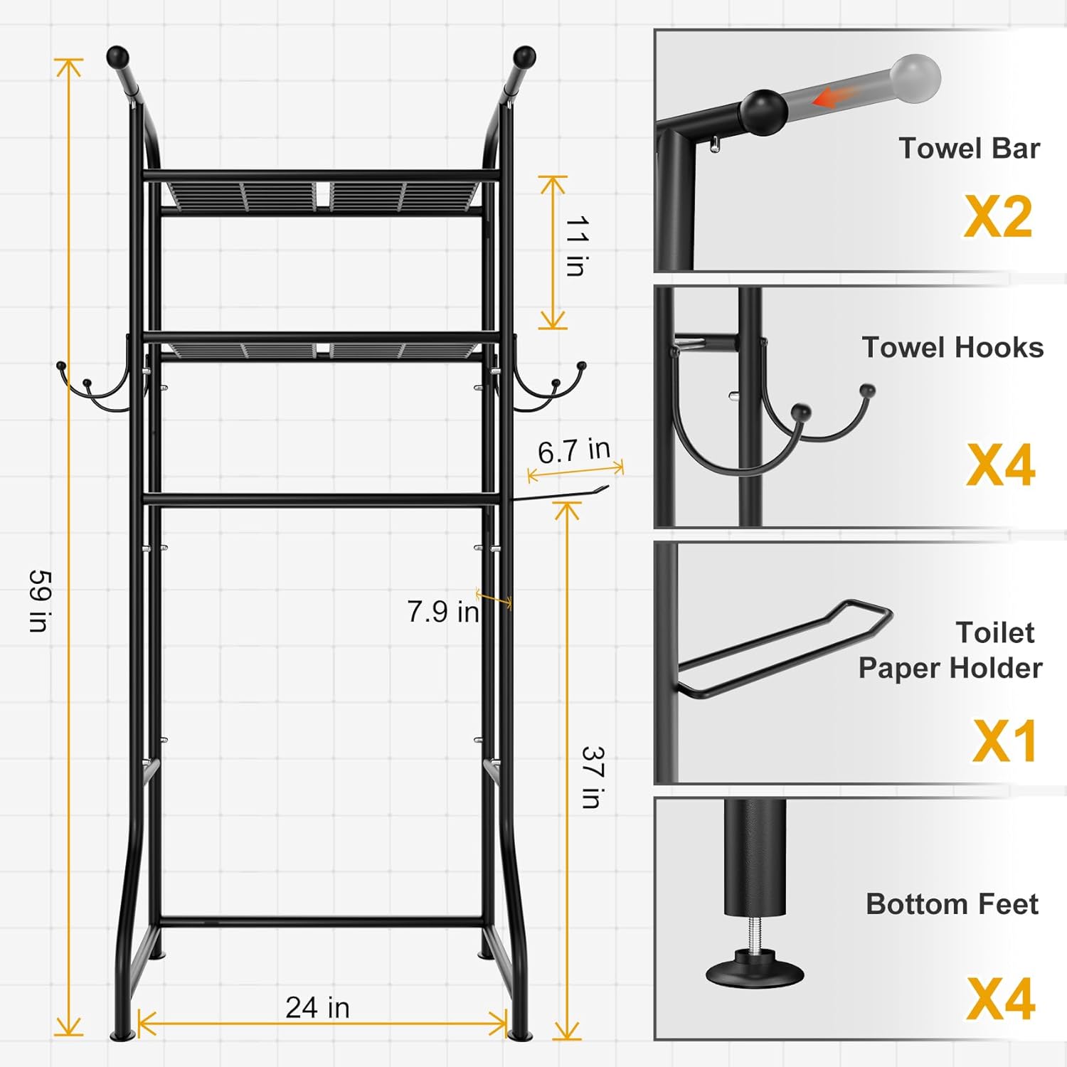 3-Tier Over The Toilet Storage Shelf，Bathroom Organizers and Storage Over Toilet，Metal Bathroom Space Saver with 2 Bars，1 Paper Holder and 4 Hooks,Black - Image 3