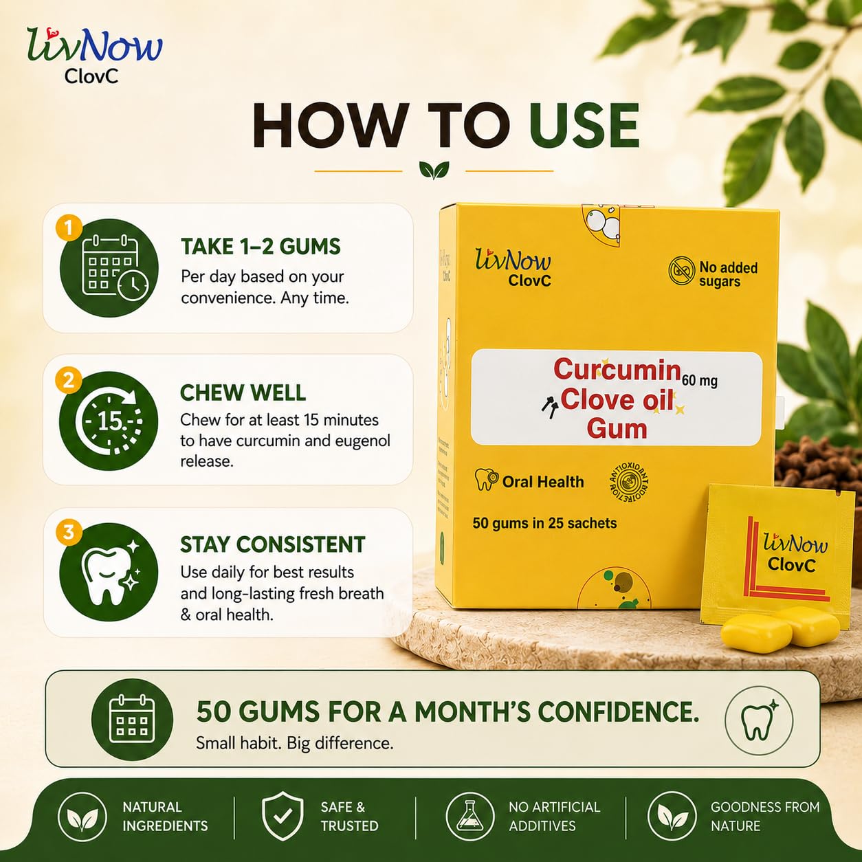 LivNow ClovC | Sugar Free Oral Care Gum | With Curcumin and Clove for Natural Oral Hygiene and to provide Long Lasting Fresh Breath | Box with 50 Gums in an Easy to Carry 25 Sachets — Amazon image 6