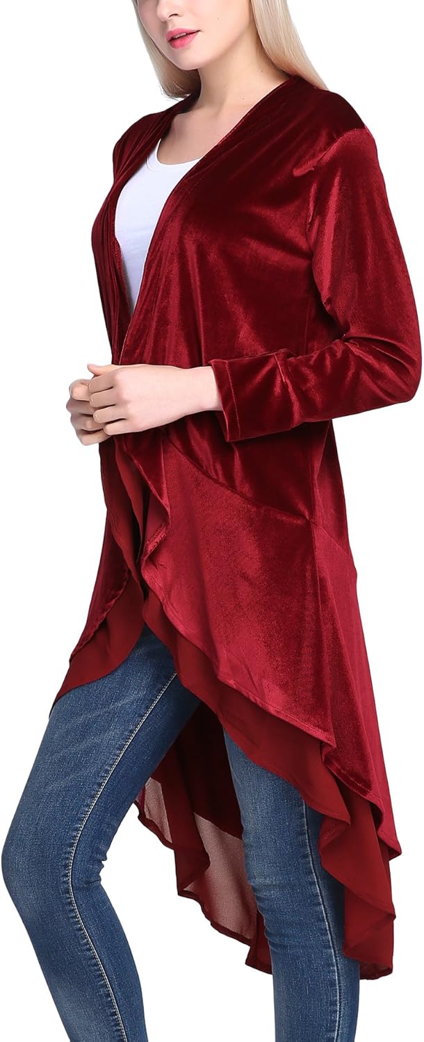 Urban CoCo Women's Long Sleeve Velvet Cardigan Coat with Asymmetric Chiffon Hem - Image 3