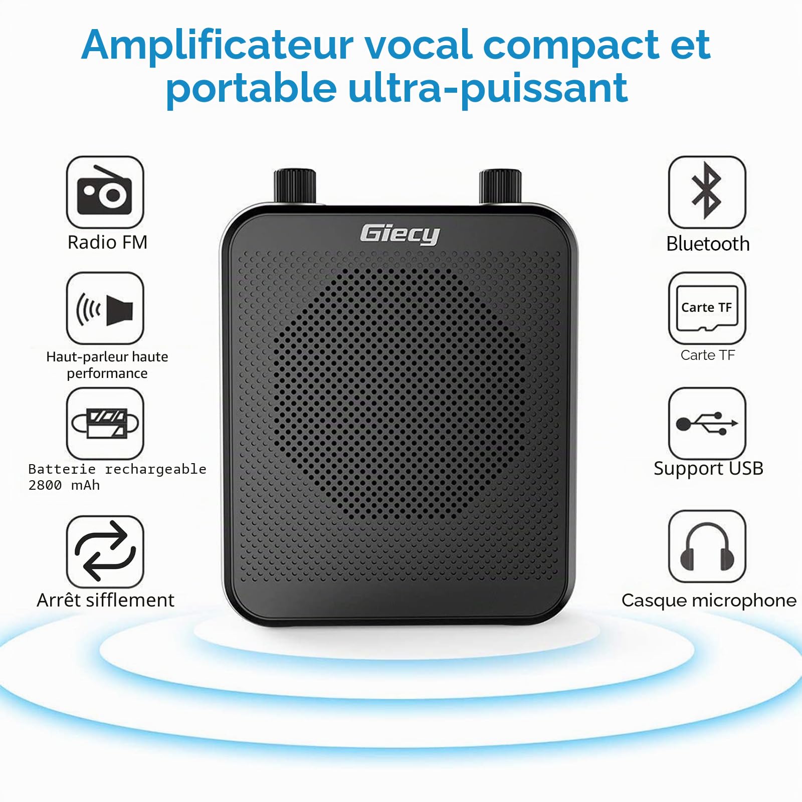 Amplificateur Voix Portable 30W avec Batterie au Lithium 2800mAh et Casque de Microphone, Mini amplificateur de Voix Rechargeable pour Les entraîneurs, Les Enseignants, Les Guides, Les réunions