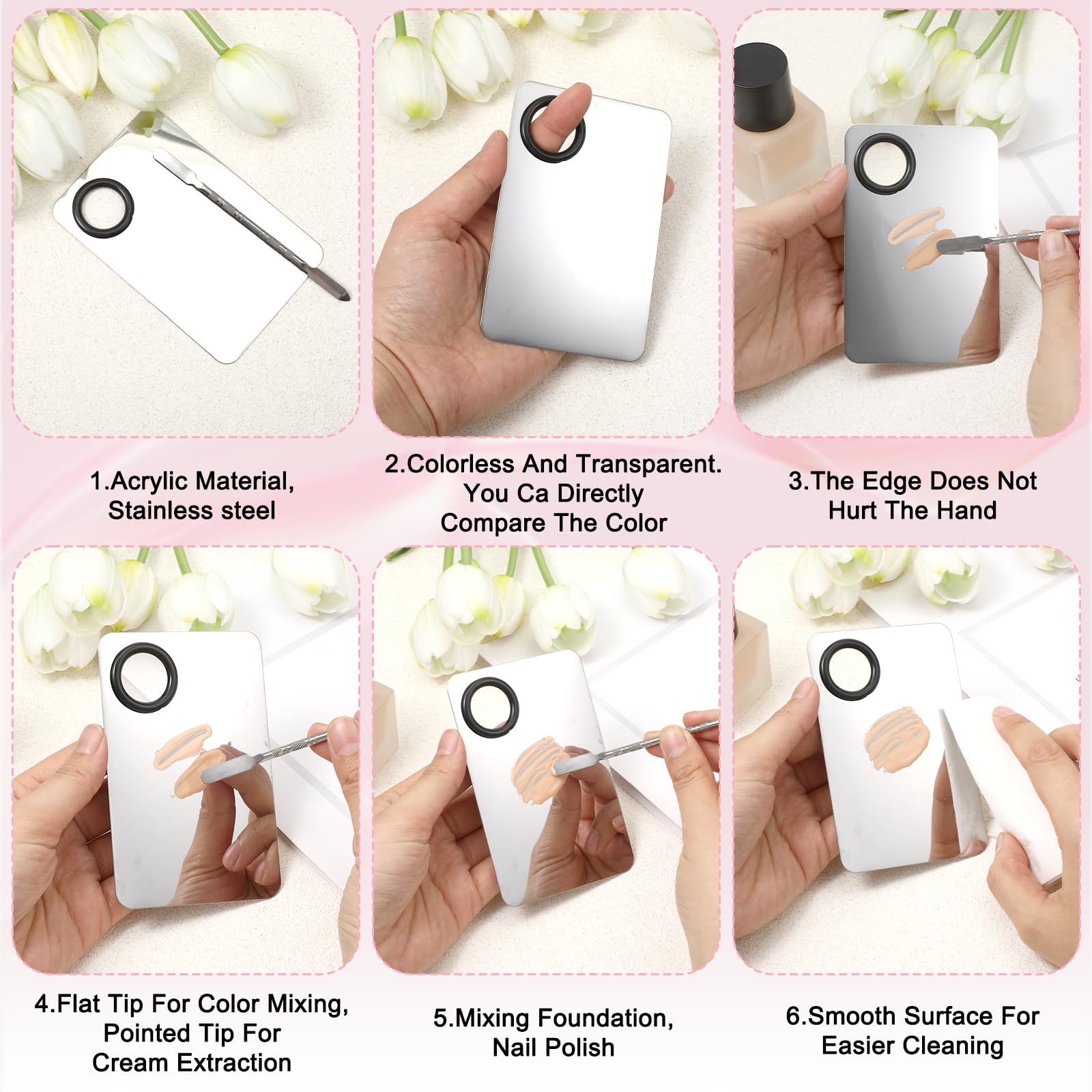 Juego de 3 paletas de mezcla de maquillaje, paleta de base de acero inoxidable, barra de maquillaje de base, herramientas de espátula de belleza reutilizables para cosméticos faciales