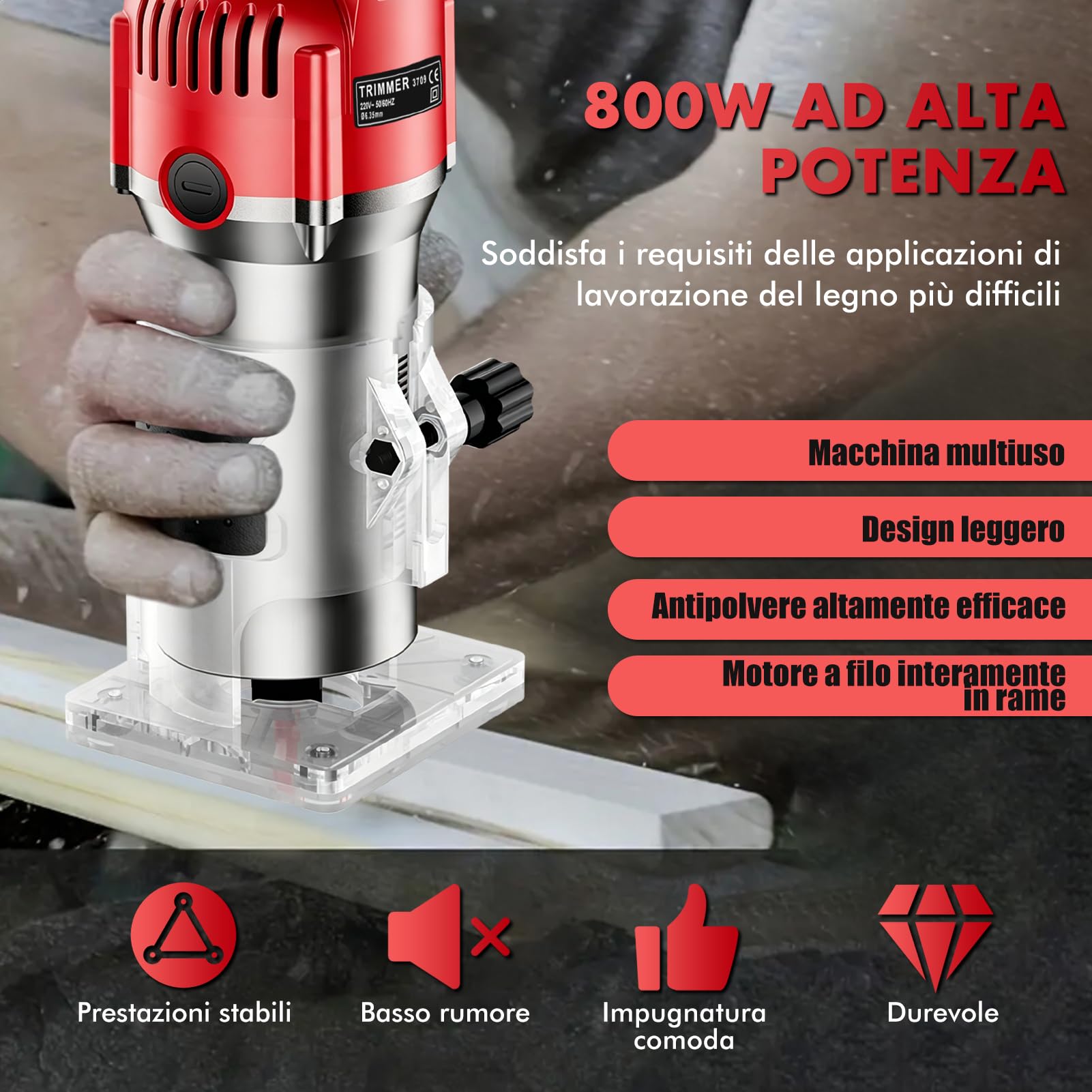 Fresa Elettrica per Legno 800W, Fresatrice Manuale 30000 Giri/min con Guida a Rullo e Guida Lineare, Rifilatore per Legno con Pinza 6,35mm, Fresa per Scanalature Bordi Profili e Incisioni
