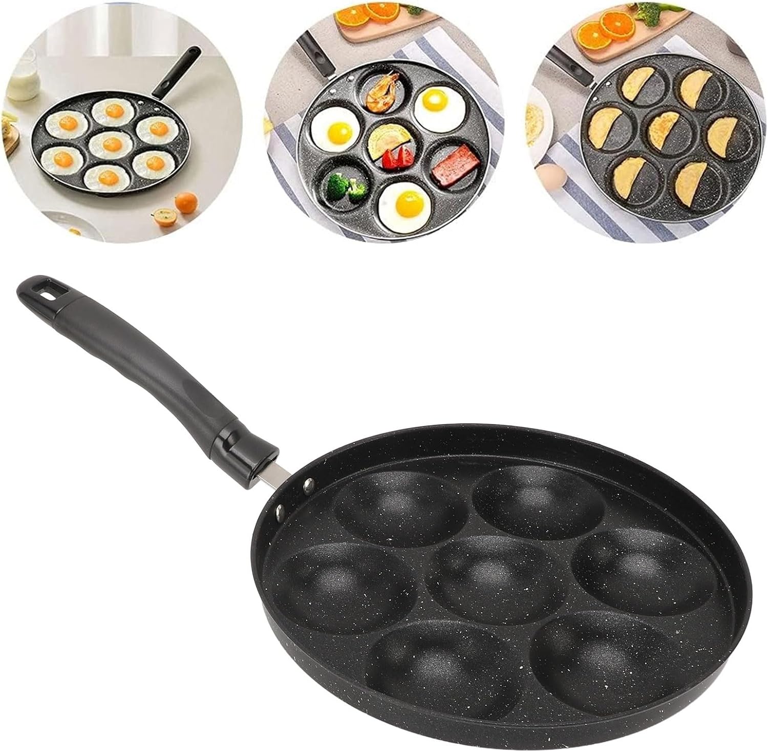 Aramox Nonstick Omelette Skillet Fast Heating Egg Pan 7 Holes Frying Pan for Home Kitchen Breakfast Making, Heatproof Handle