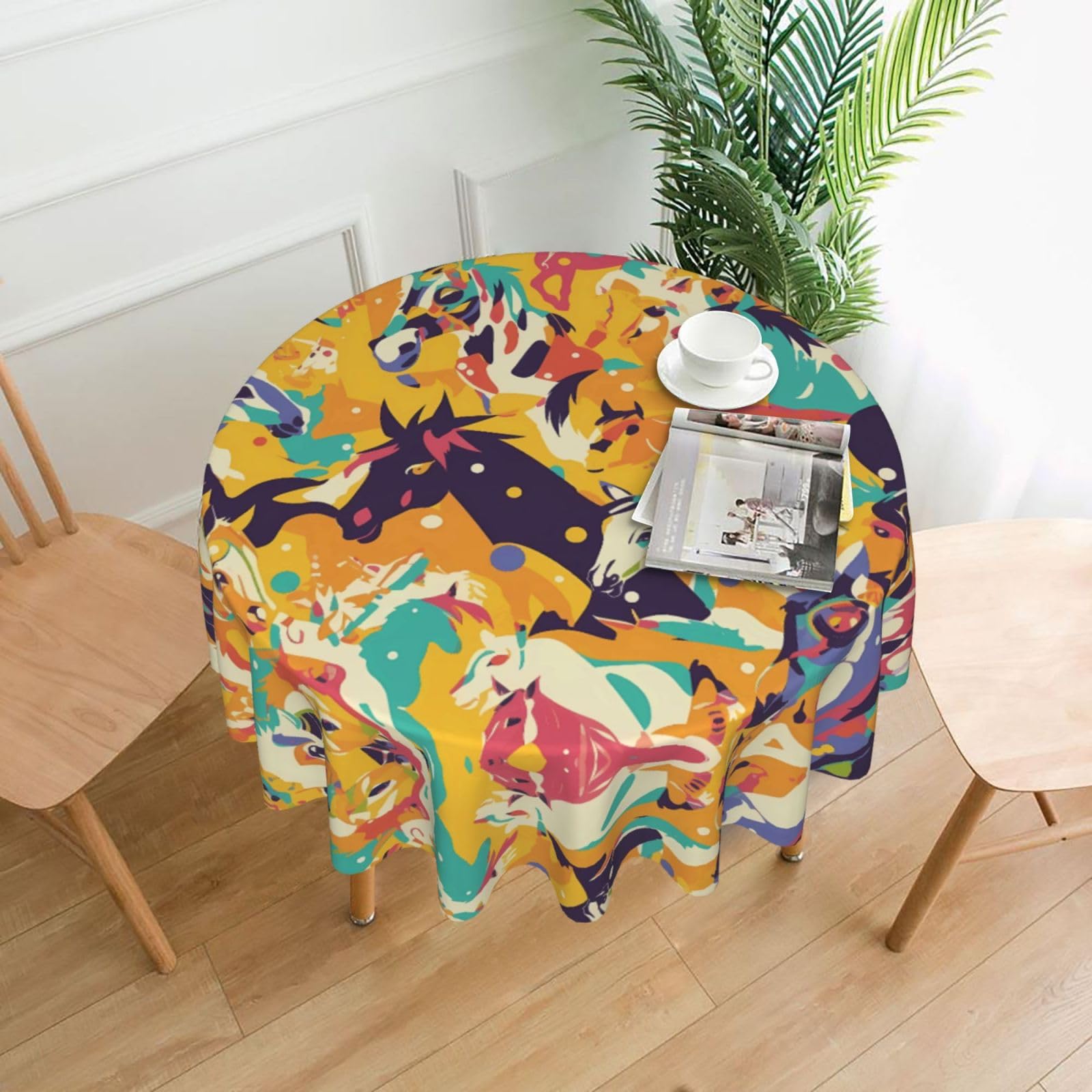 HLBSDM Colorful Horses Printed Practical Round Tablecloth, Durable, Suitable for Home, Restaurant, Hotel, Gathering, and Decorative Table Covers
