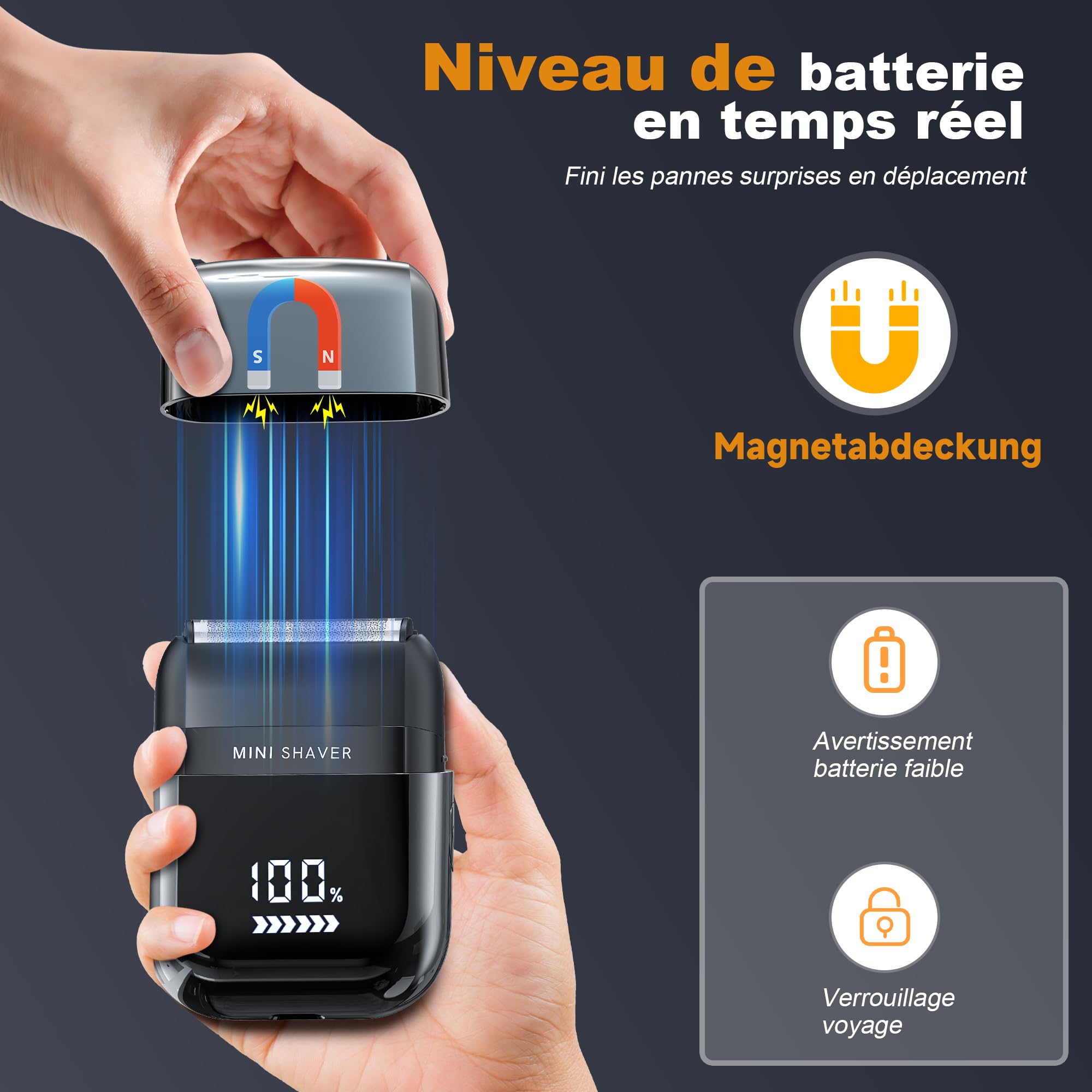 Mini Rasoir Électriques pour Hommes avec Affichage LED, Rasoir Électrique Étanche IPX7, Mini Rasoir Portable Silencieux et Lavable, Rasoir Homme