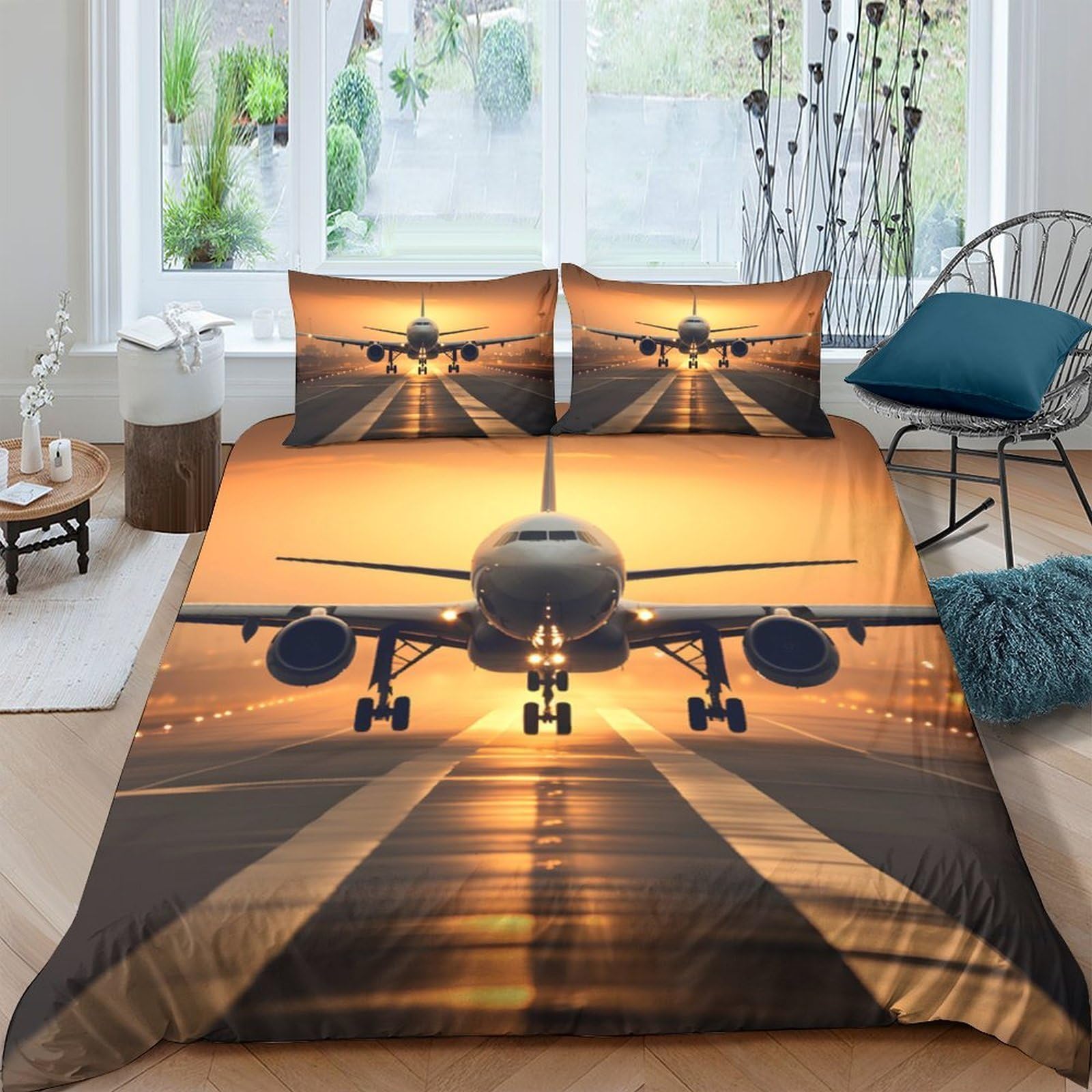 Ctjqhvkz Style-1 3D Printed Sunset Runway Fitted Sheet Microfiber Soft Breathable Airplane Bed Cover For Bedroom Dorm Decor Mattress Protection Single（135X200cm）