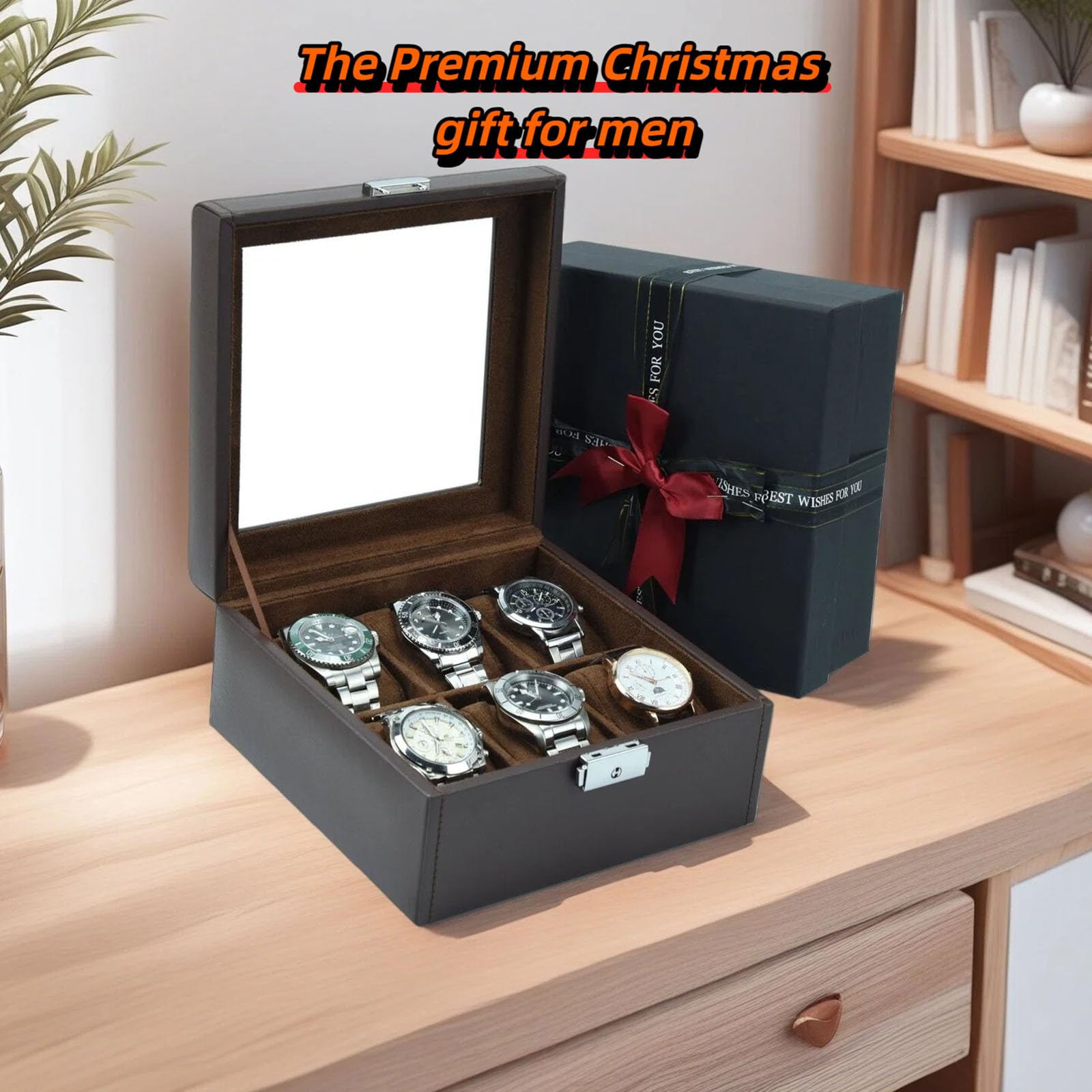 Watch Box Organizer for Men – Watch case 6 Slot Leather Storage holder, Mens Watch Jewelry Case with Display Lid Durable Watch Organizer and Collection Travel Box(Brown)