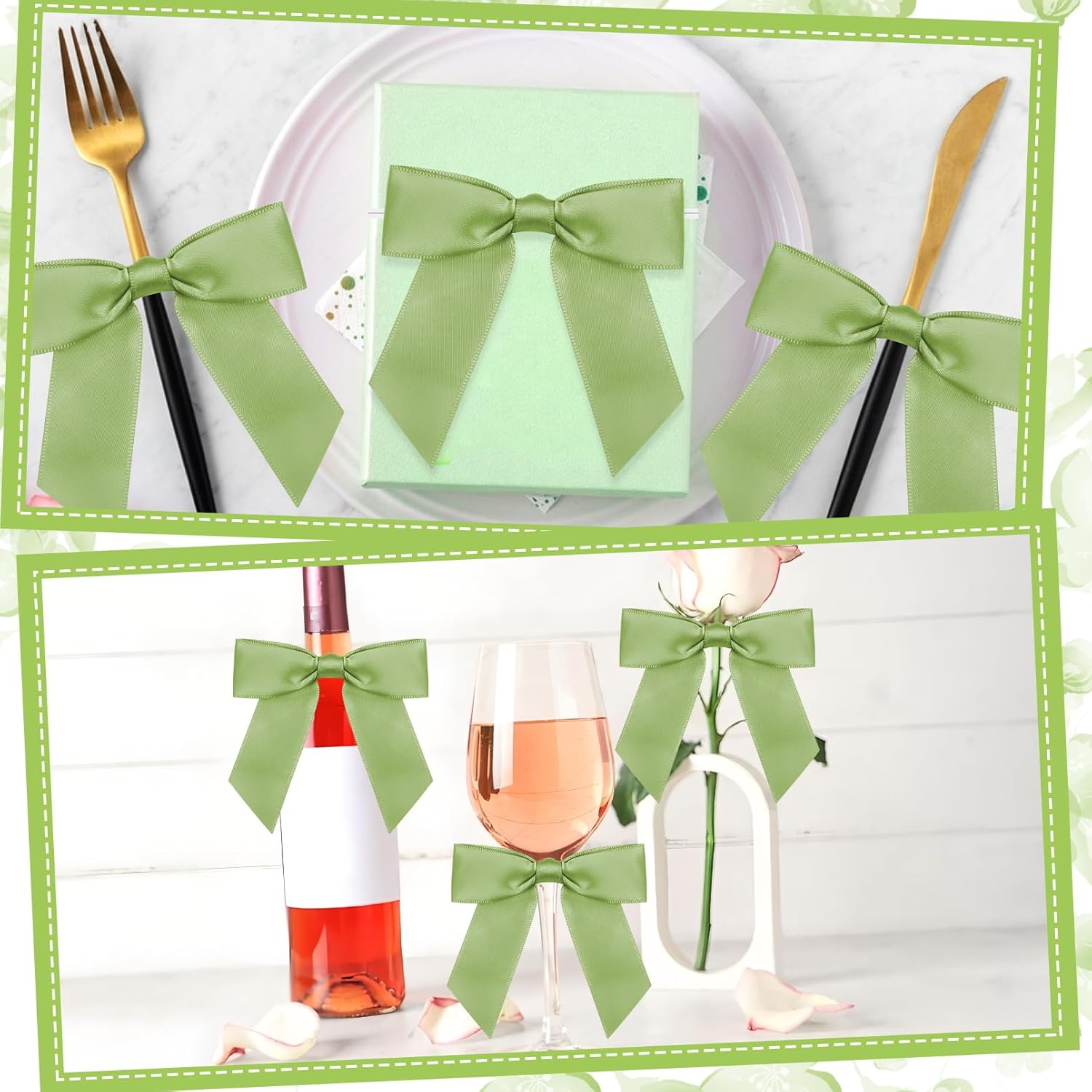 Blcculi 50 Pcs Satin Ribbon Bows,Sage Green Twist Tie Bow,Sage Green Satin Ribbon Bows for Gift Wrapping,3.5" Premade Bow for Treat Bags Crafts Wedding Bridal Shower Birthday Christmas Partyr - Image 3