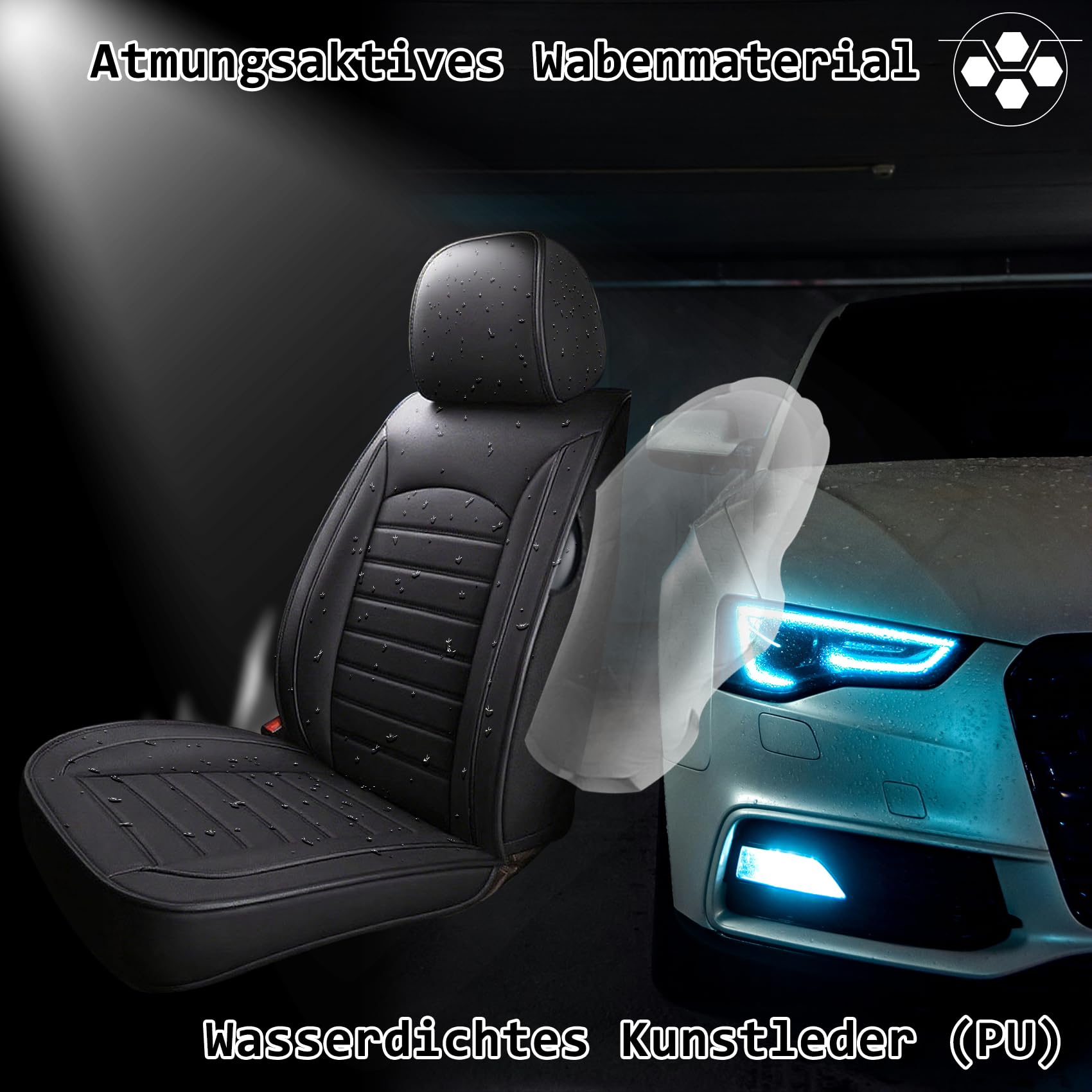 Uniwersalne pokrowce ze skóry PU na 2 przednie siedzenia Ford C-Max Edge, Fiesta Van, Focus, Grand C-Max, Ka, Ka+ Plus, Kuga, Beetle, Puma, S-Max