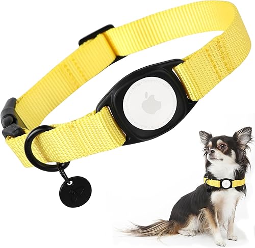 AirTag - Collar de perro amarillo para cachorros pequeños, 11 colores, collar de nailon integrado con GPS para mascotas con hebilla a presión
