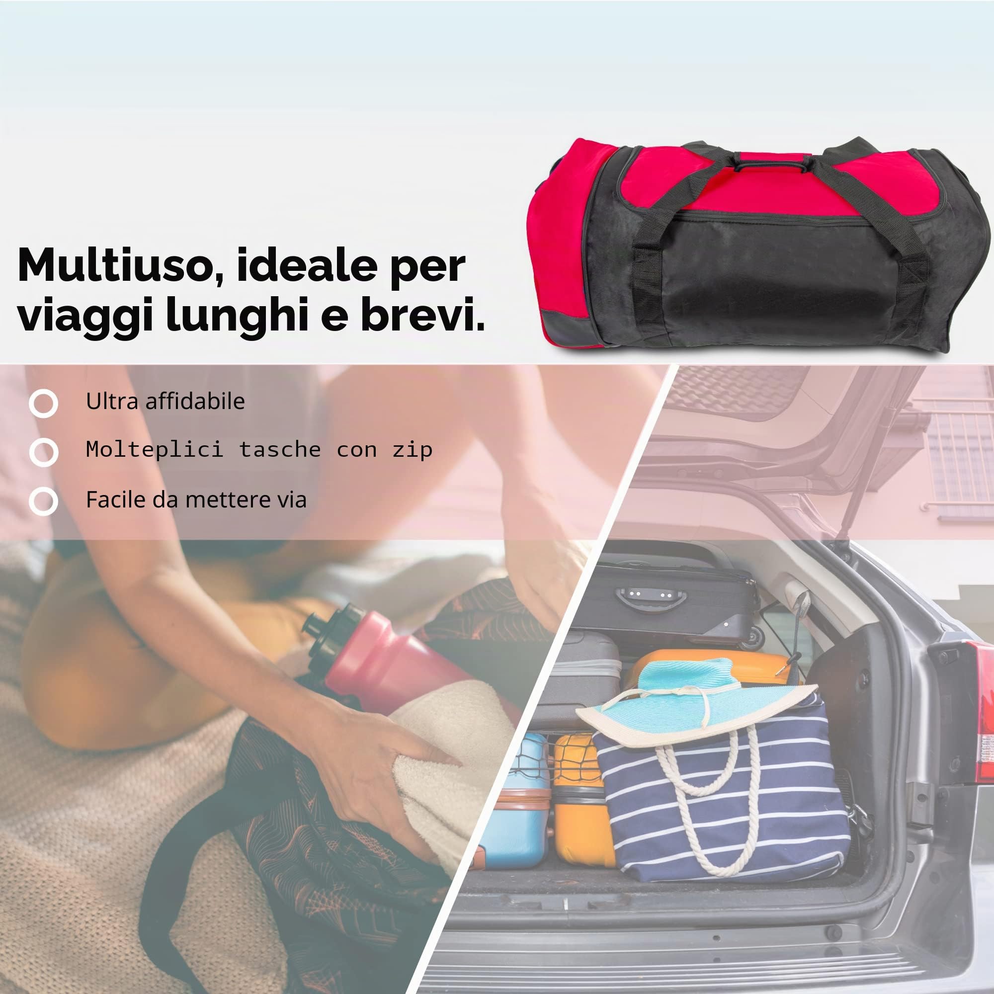 iN Borsa da viaggio pieghevole con ruote in plastica. Utilizzare come valigia leggera o zaino. Ideale per viaggi, kit sportivi e attrezzature. Nero/rosso, Borsone grande con ruote