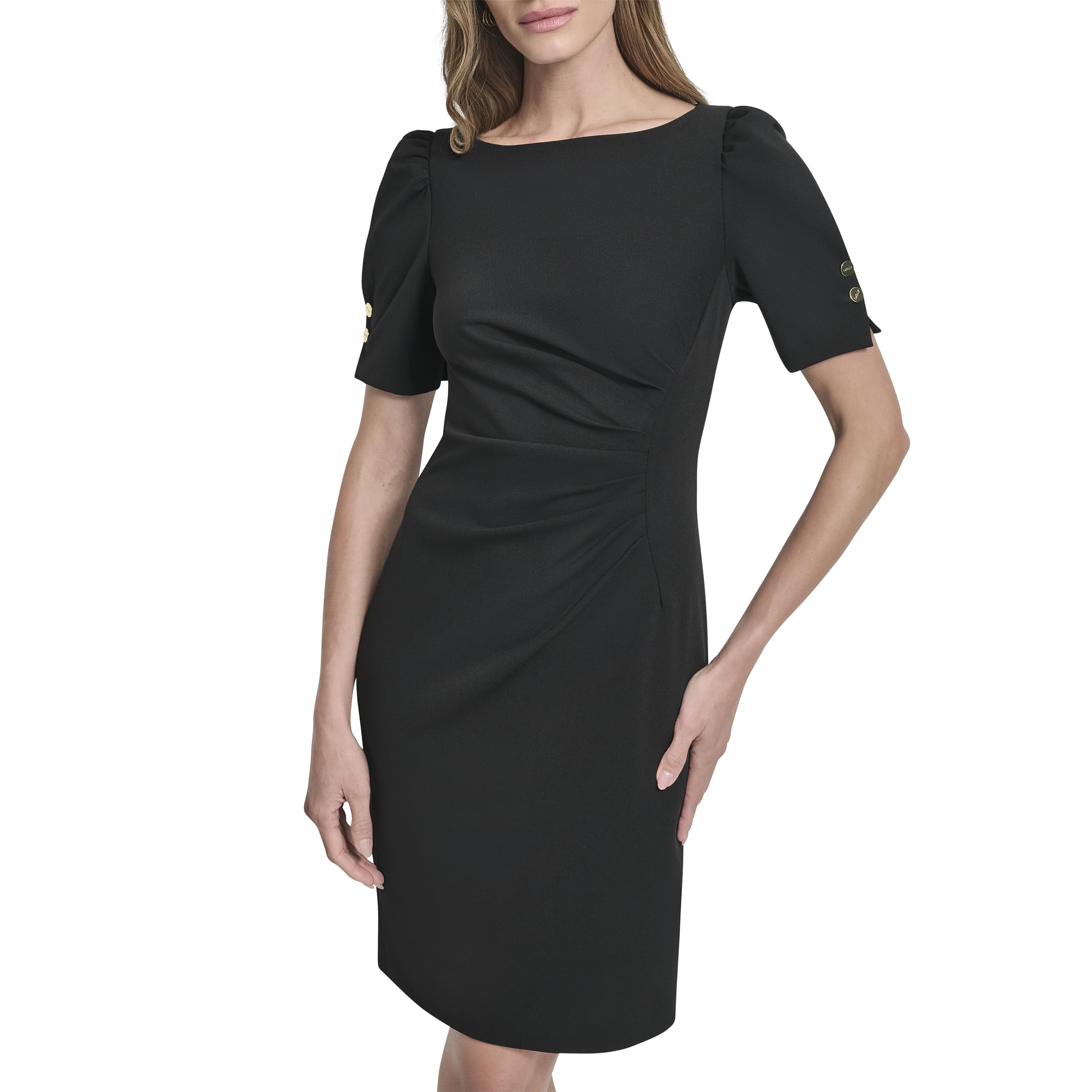DKNY Women's Short Sleeve Ruched Knee Length Sheath Dress with Button Detail