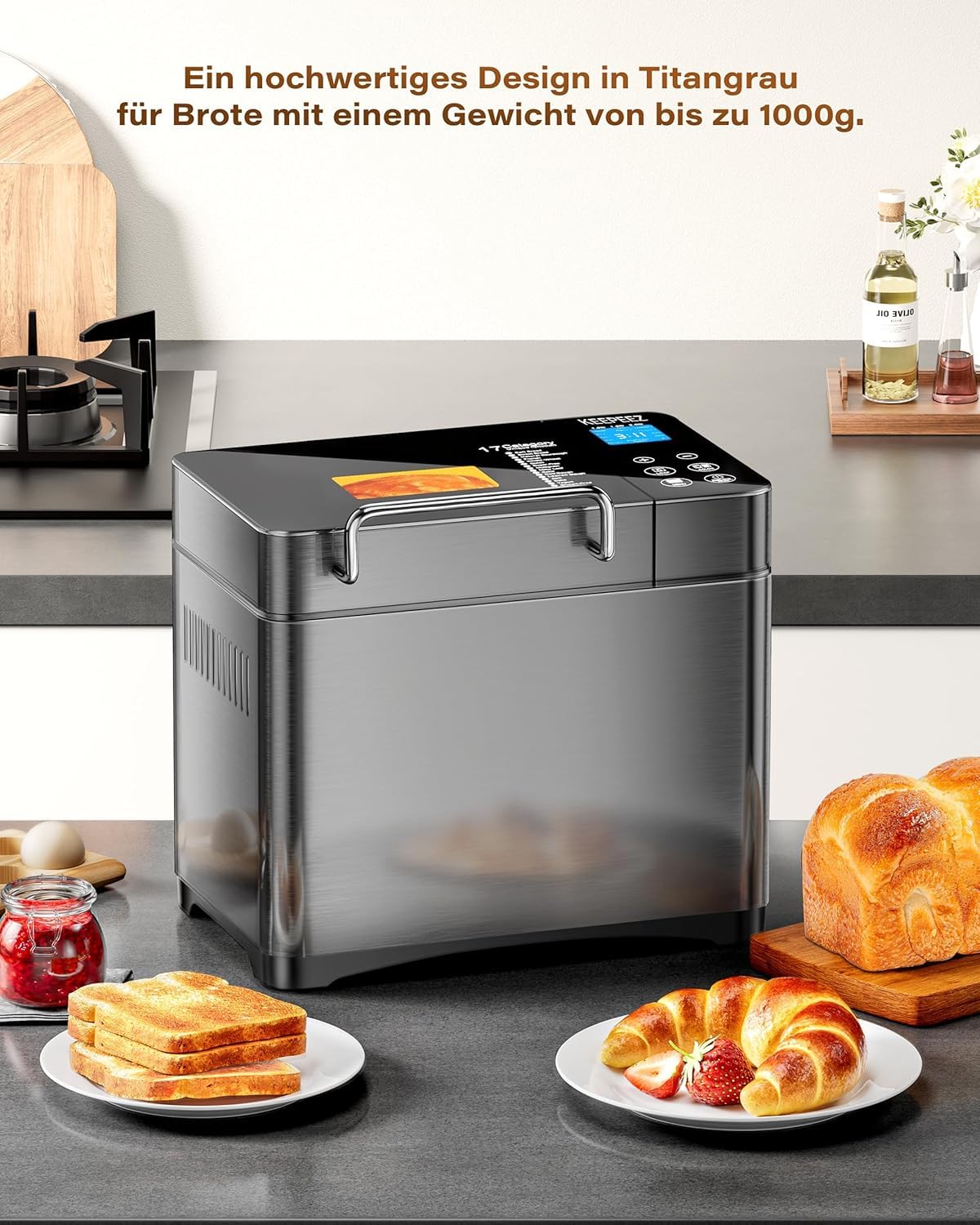 Macchina per il pane 17 in 1 – Due elementi riscaldanti, 710 W, in acciaio inox, senza glutine, impasto, marmellate, programmi di yogurt, dispenser per noci, stampo in ceramica e touch screen
