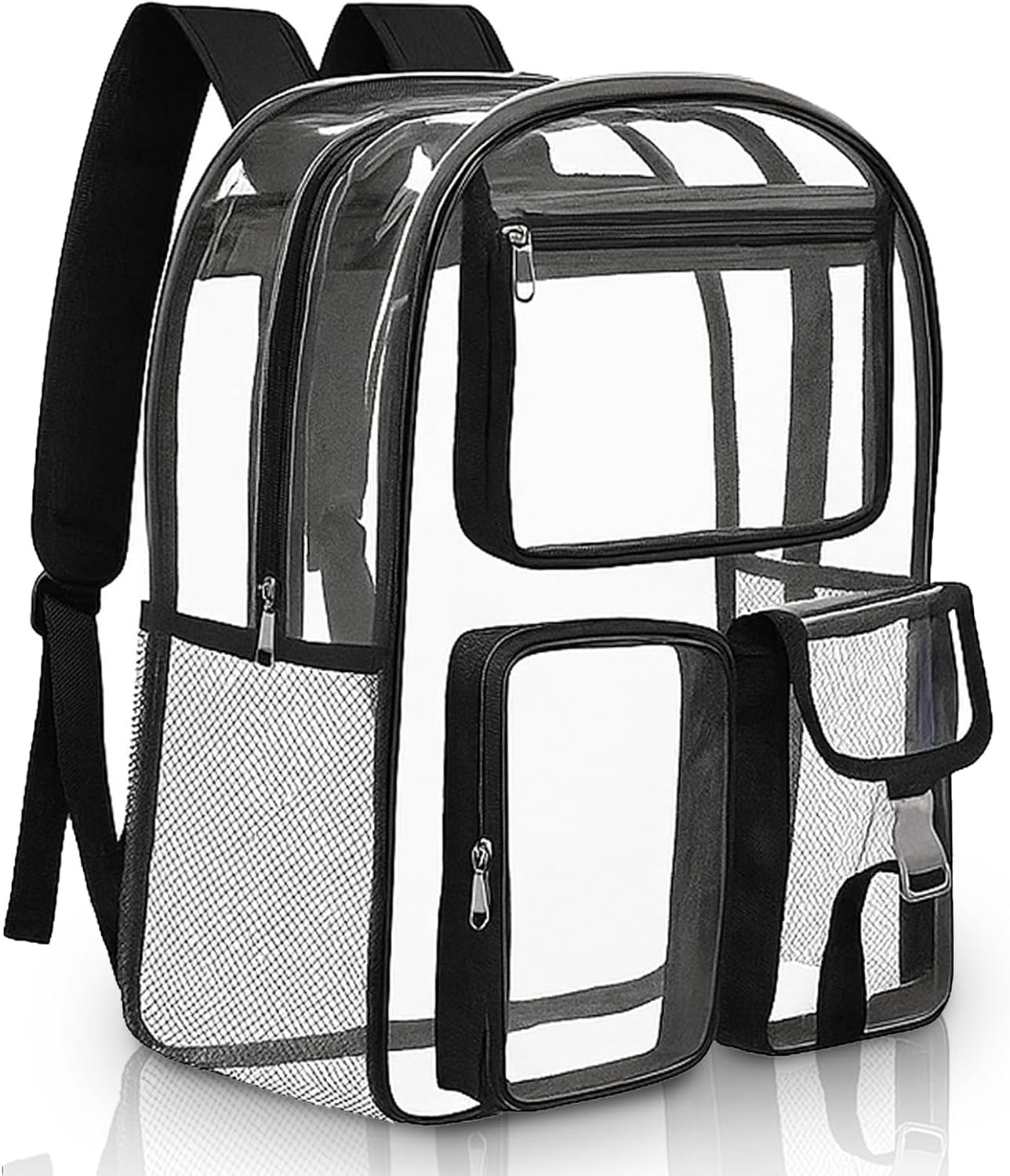 Amylove 1 Pcs Heavy Duty Clear Backpack Bulk 17 Inch Transparent PVC Bookbag for Stadium Travel Donation (Black)