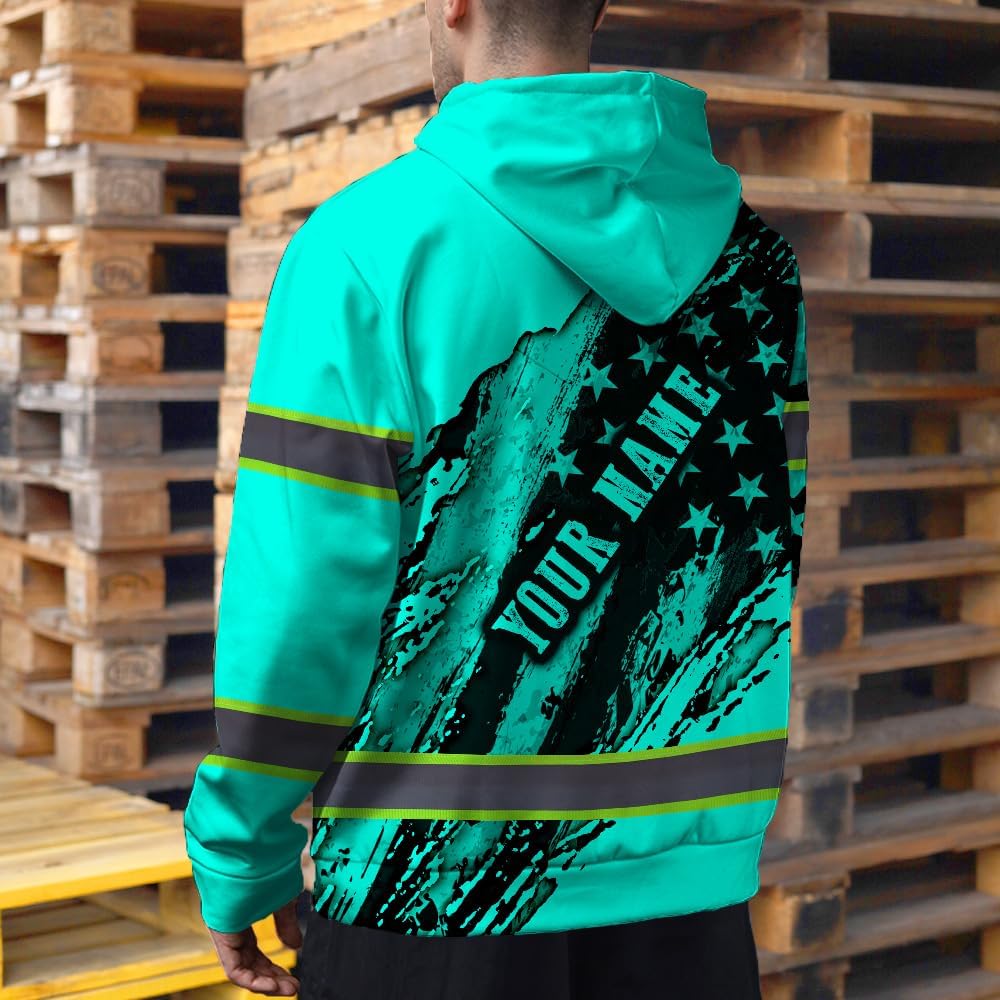 Maddly High Visibility American Flag Hoodie, Hi Vis Safety Workwear Custom Name for Workers, Runners, Truckers, Patriotic