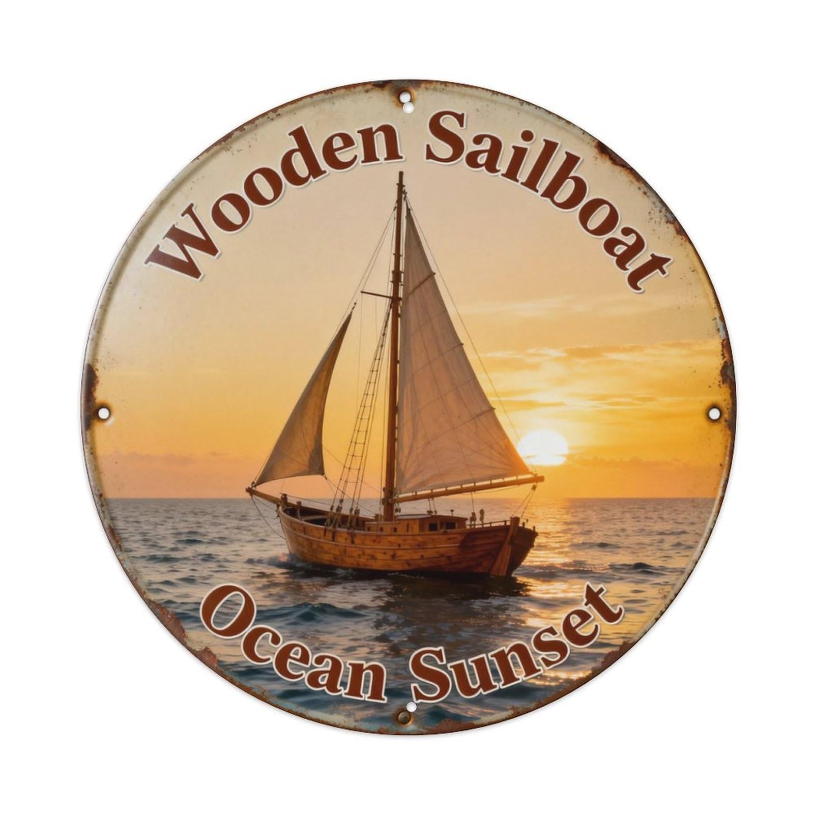 Wooden Sailboat Ocean Sunset Metal Tin Sign Plaque