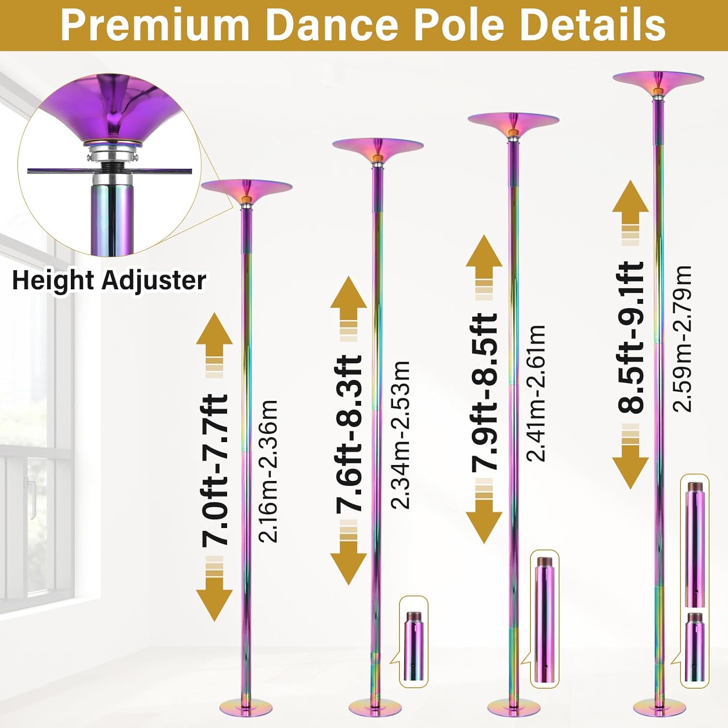 Stripper Pole,Removable 45mm Rotate & Static Dancing Pole Heavy-Duty Steel Pole Dancing Pole, Adjustable Height Professional Grade Excellent for Home Exercise Club Gym(Colorful,Black,Gold)