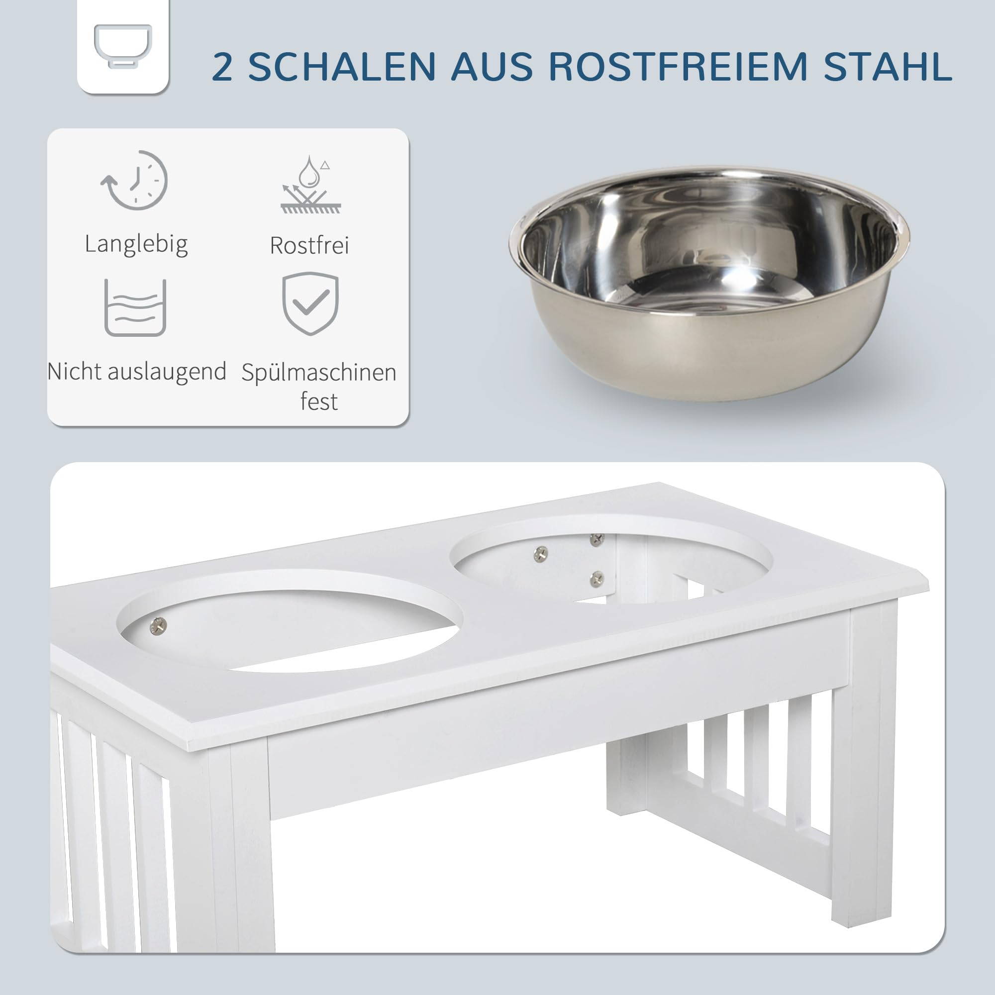 PawHut Erhöhter Hundenapf Futternapf mit 2 Näpfe Wassernapf 2 x 900ml Edelstahlnäpfen Fressnapf Futterstation Hundenäpfe für kleine Hunde Katzen Weiß