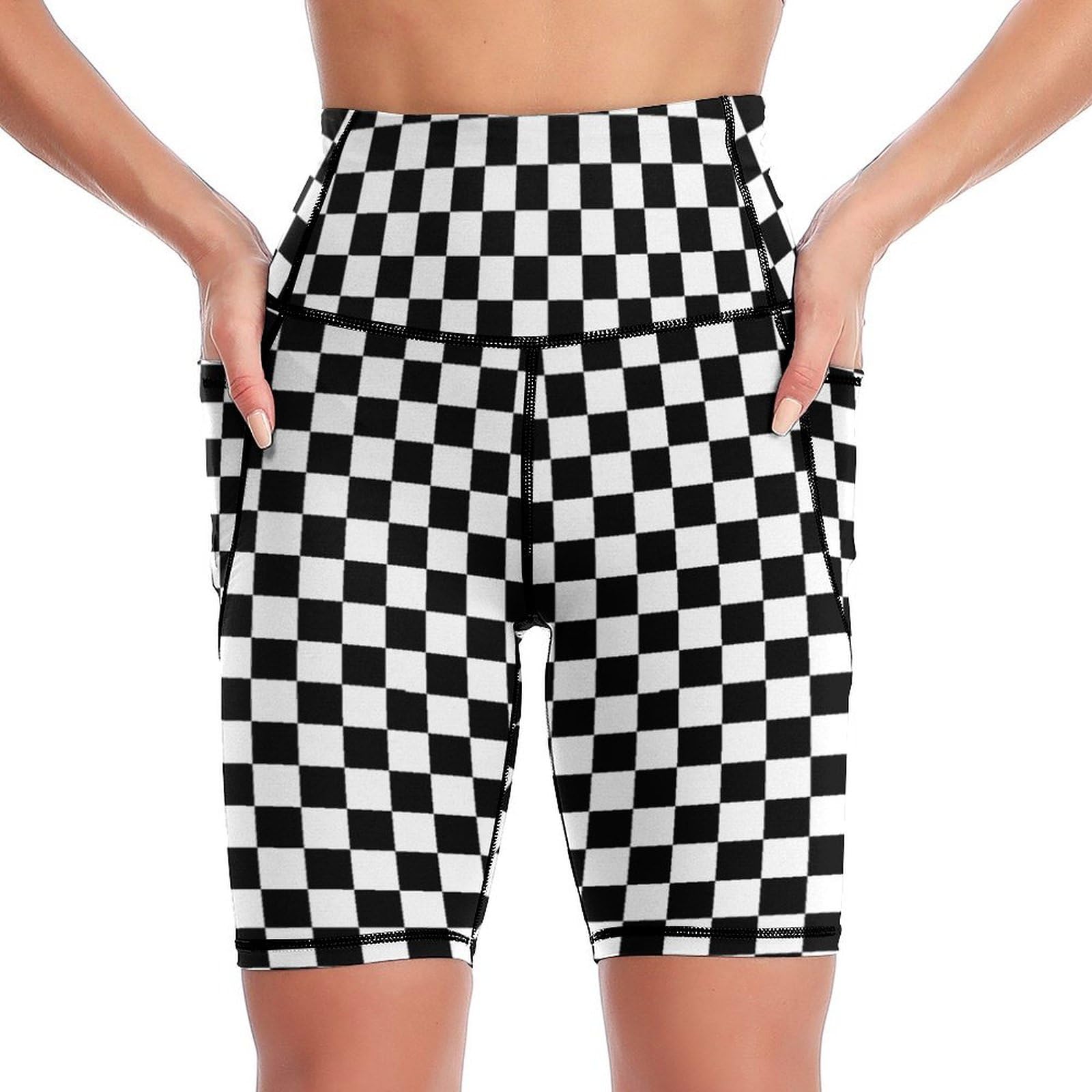 Msokazzles Women's Black White Race Checkered Flag High Waist Workout Yoga Shorts For With Pockets Tummy Control Yoga Leggings Running Gym Biker Shorts, Xxl
