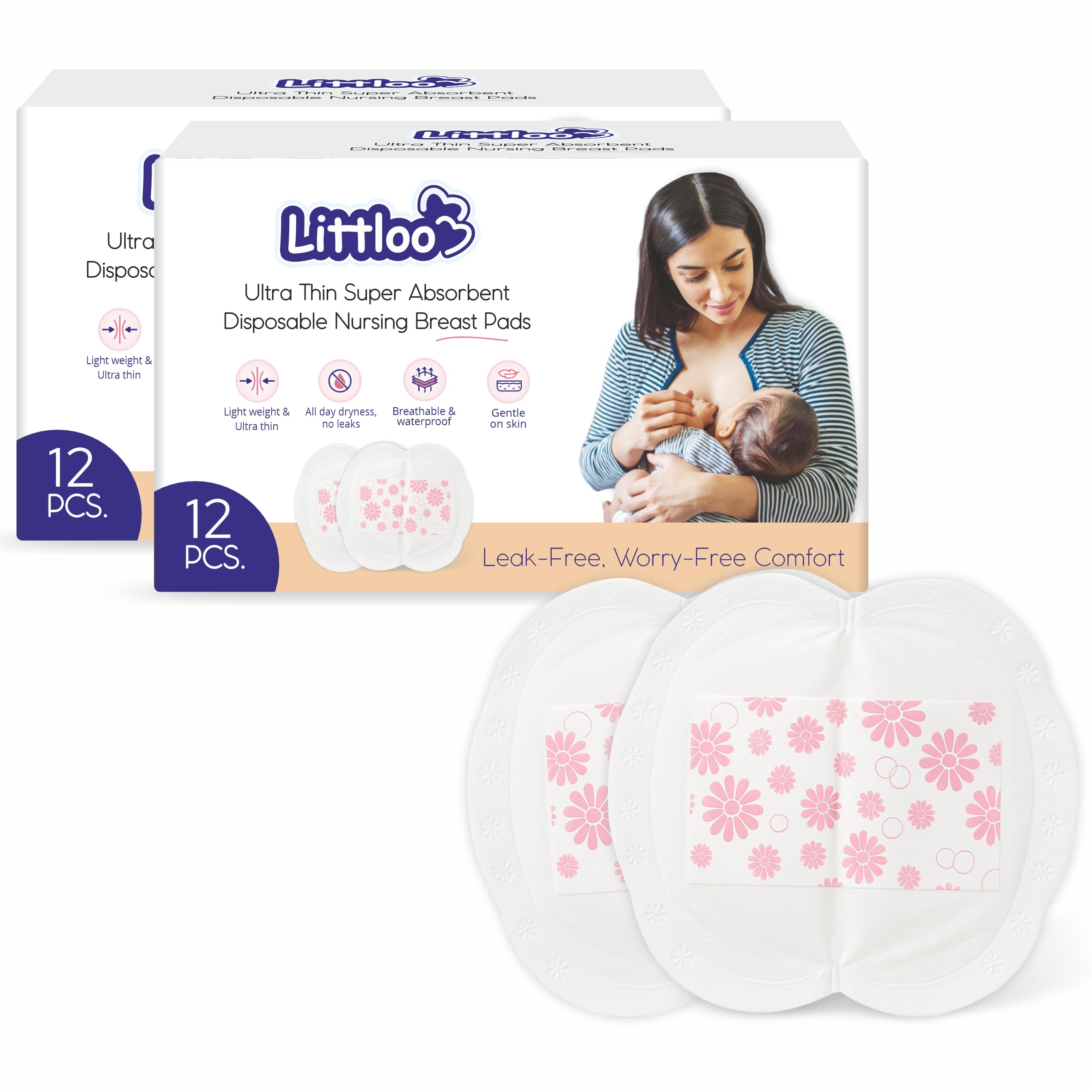 Littloo Ultra Thin Disposable Nursing Breast Pads - 12 Count (Pack of 2) | Super Absorbent, Individually Wrapped, Leak-Proof & Soft | Lightweight, Waterproof & Breathable-image-47