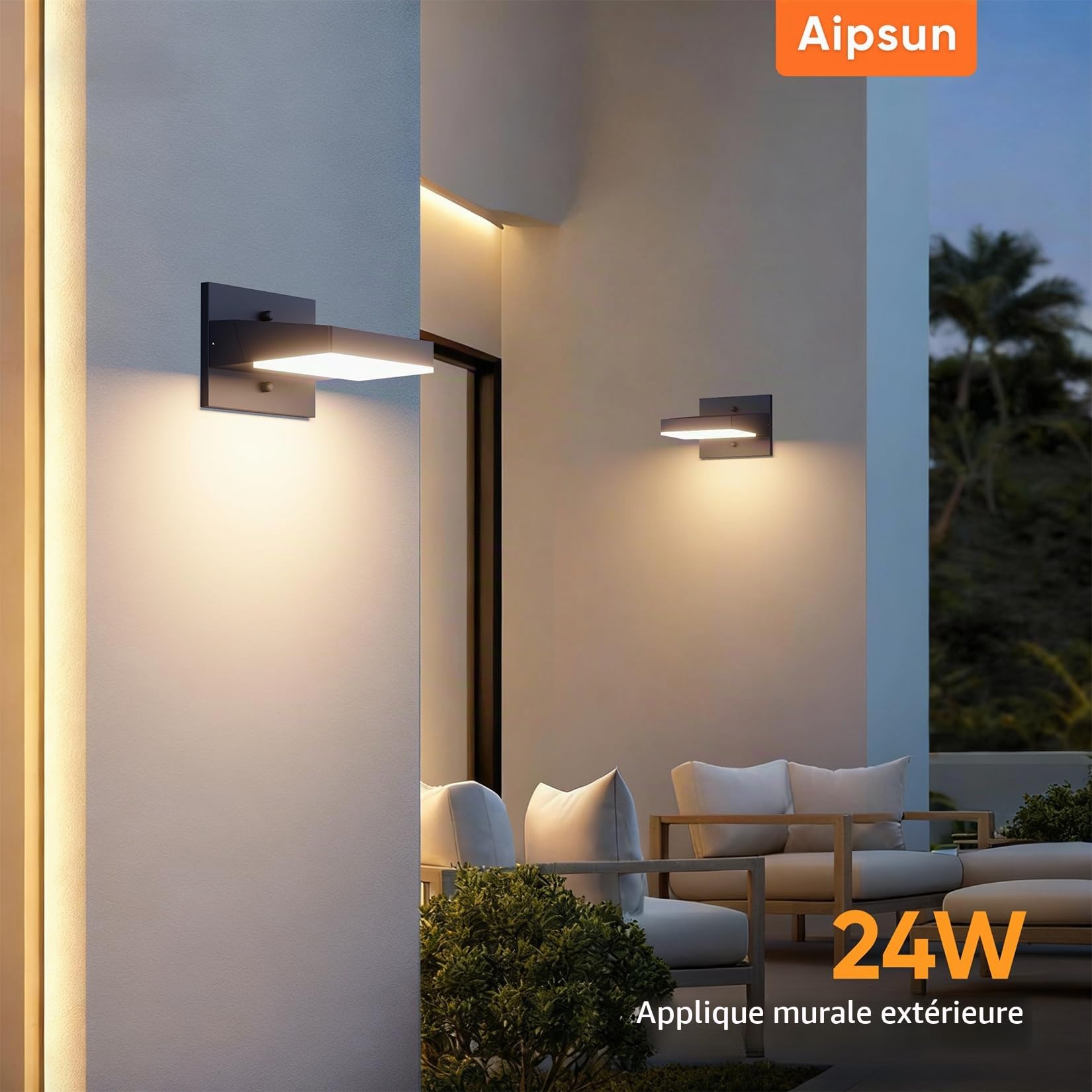 Aipsun 24W Applique Murale Exterieur/Intérieur 2PCS Appliques murales Led Étanche IP65,Projecteur Exterieur Led avec Panneau LED Pivotant à 350°,Lampe murale 3000K pour Terrasse Entrée,Anthracite