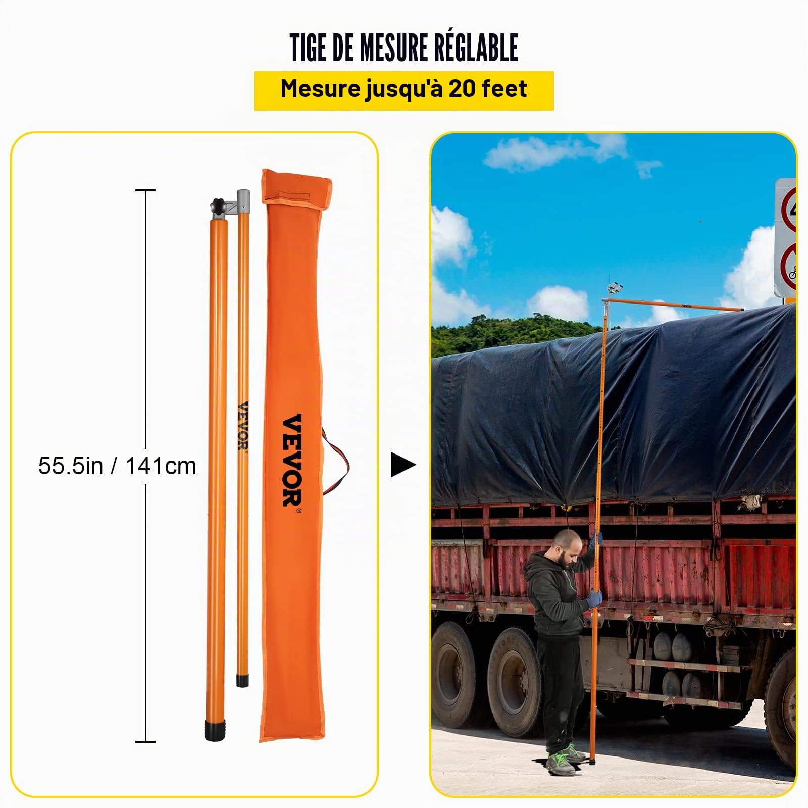 VEVOR Canne Télescopique Mesure Hauteur, Bâton de Mesure de la Hauteur de Charge Plage 149-610 cm, en Fibre de Verre avec Poteau Réglable, Non Conducteur avec Sac de Transport, pour Transport Camion