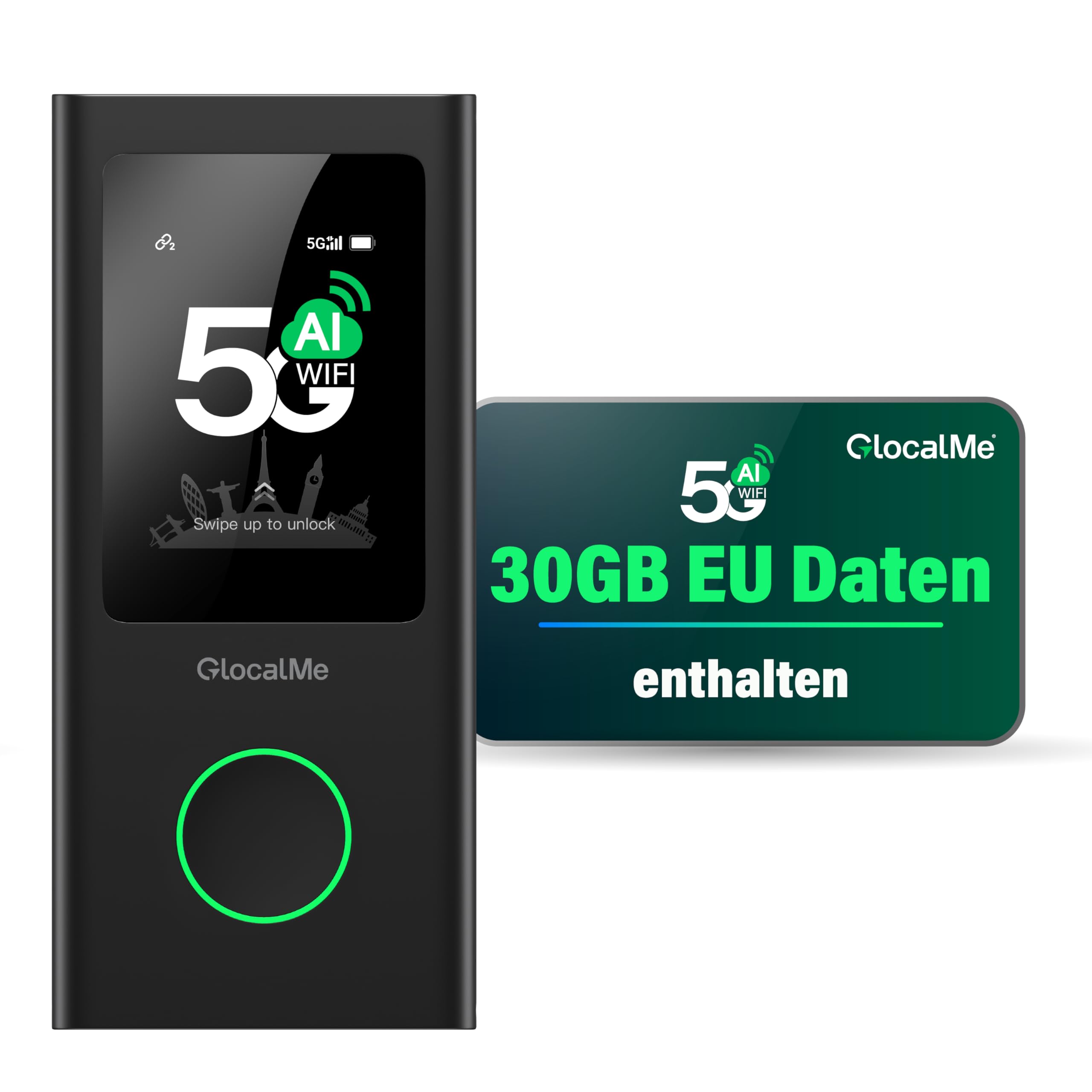 GlocalMe Numen Air Mobiler WLAN Router 5G, Keine SIM-Karte nötig, 5G LTE Hotspot mit 30GB europäischem Datenpaket, Unterstützt 16 Geräte gleichzeitig, 5400 mAh Akku, Reise- oder Heim-WLAN-Hotspot