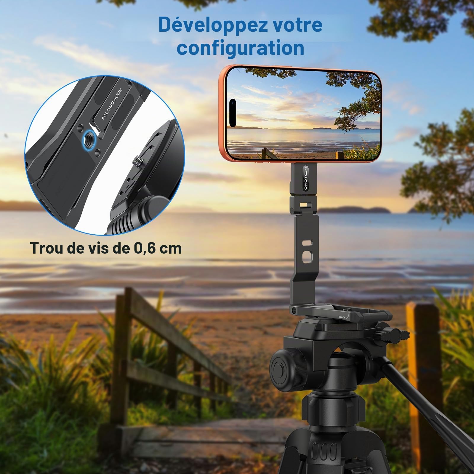 OMOTON TP03 Rotation à 360° pour trépied MagSafe, trépied magnétique ultrafin de 12mm avec vis et Crochet 1/4", pour iPhone 17/16/15 Pro Max, Support de téléphone pour vlog, Salle de Sport, Voyage