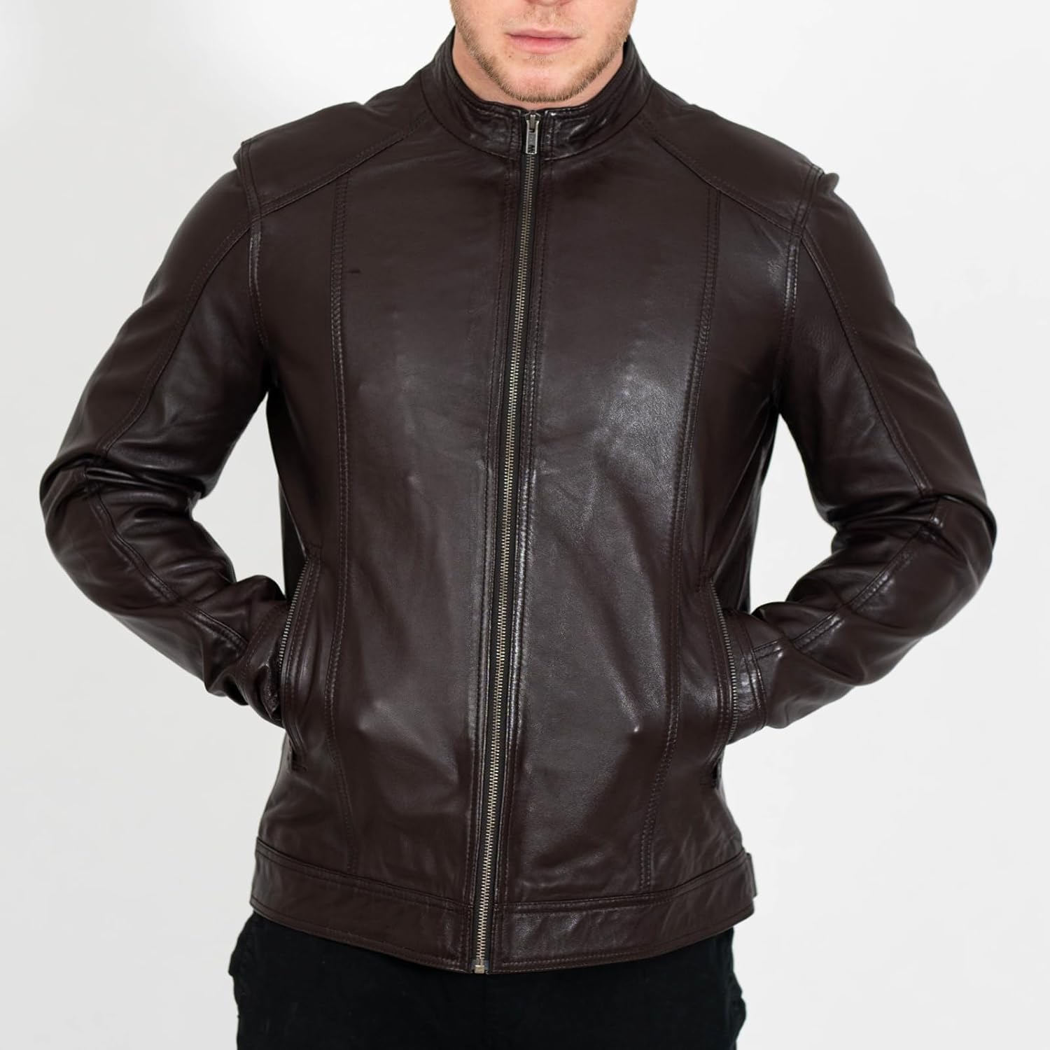 BRICK LANE Stand Collar Leather Jacket for Men | Timeless Design - Genuine Lamb Nappa Leather Cafe Racer Jacket - Image 2