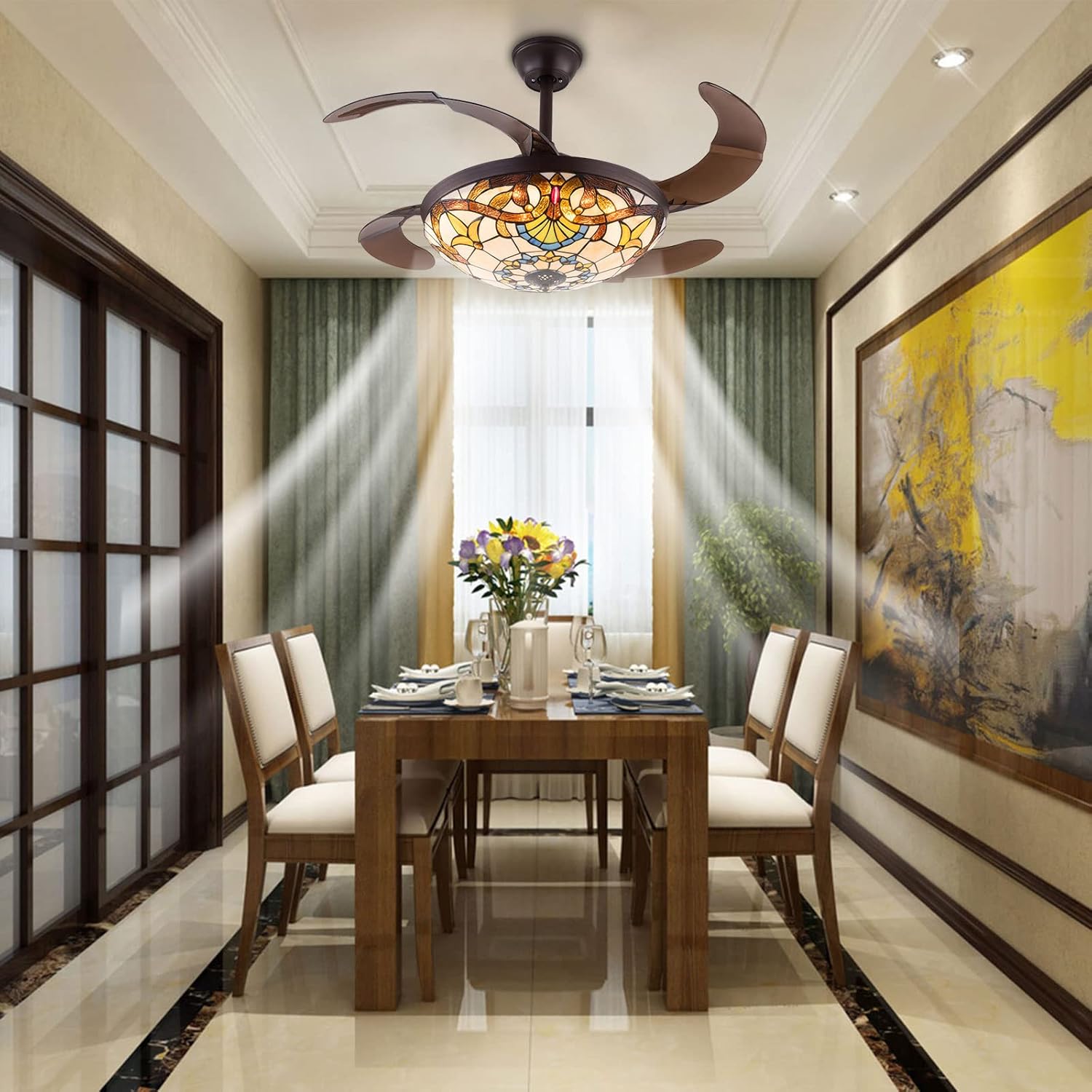 42" Tiffany Ceiling Fan Light,Stained Glass Chandelier Fan 3-Color Retractable LED Chandelier Lamp with 3-Speed Wind Speed Remote Control for Home Living Room Bedroom