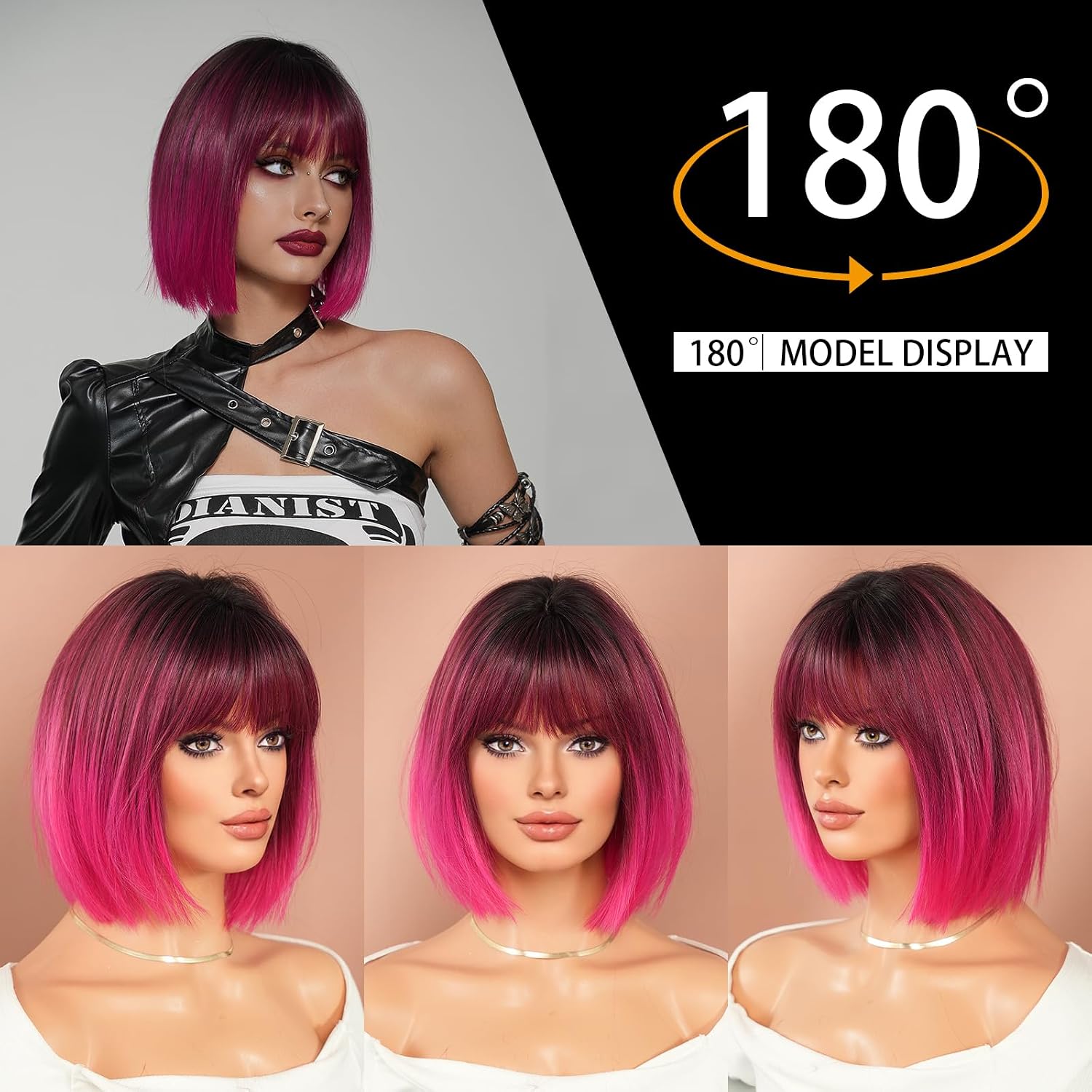 7JHH WIGS Short Straight Wig with Bangs 12in Short Hot Pink Bob Wig Synthetic Natural Hair Heat Resistant 150% Density Staight Layered Wig for Women Daily Used