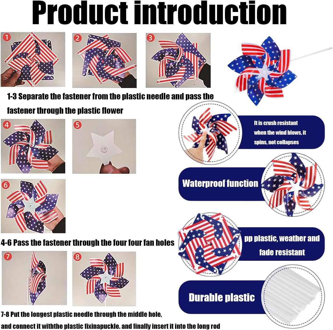 10 Pcs Fourth of July Pinwheels Red White and Blue 4th of July Decorations American Flag Pinwheel Memorial Day Independence Party Supplies Garden Wind Spinners Patriotic Yard Outdoor Decor