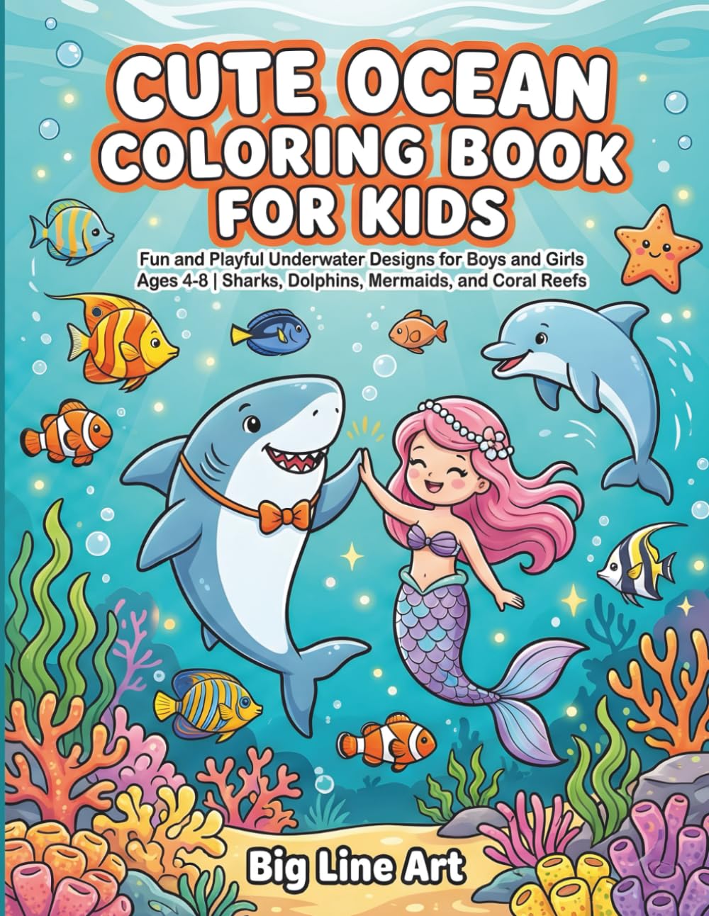 Cute Ocean Coloring Book for Kids: Fun and Playful Underwater Designs for Boys and Girls Ages 4-8 | Sharks, Dolphins, Mermaids, and Coral Reefs (The Big Line Art Summer Collection)