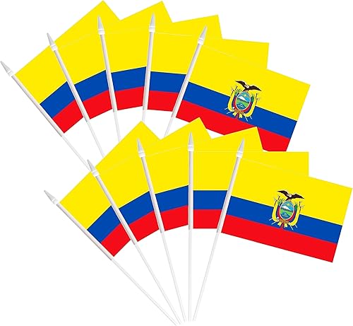 Banderas ecuatorianas de mano pequeñas mini banderas ecuatorianas en miniatura con poste sólido de 12.6 pulgadas y parte superior de lanza,