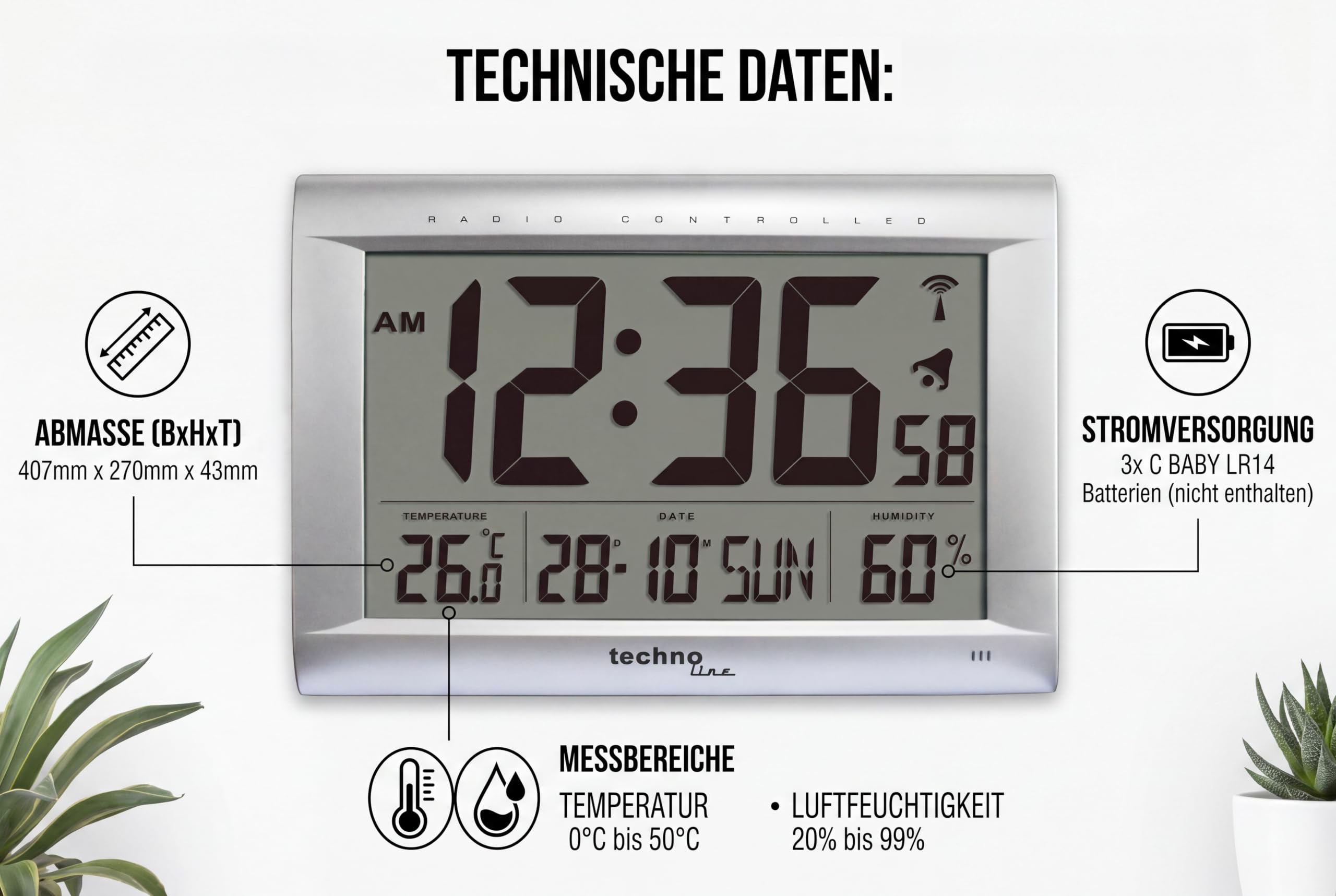 Technoline WS 8009 Funkwanduhr mit DCF-Funkempfang | XXL LCD-Display | Temperatur- und Luftfeuchtigkeitsanzeige | Kalender mit Wochentag | Wecker mit Snooze | Wand- und Tischuhr | weiß