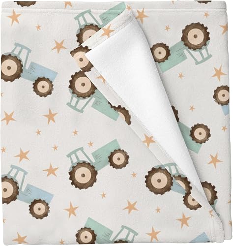 Pastel Truck Tractor Baby Blankets for Boys Girls Blue Green Farm Tractors Swadd