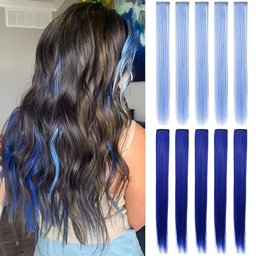 10 extensiones de cabello azul zafiro azul claro de 20 pulgadas para niñas, extensiones de cabello de color con clip para adolescentes, extensiones