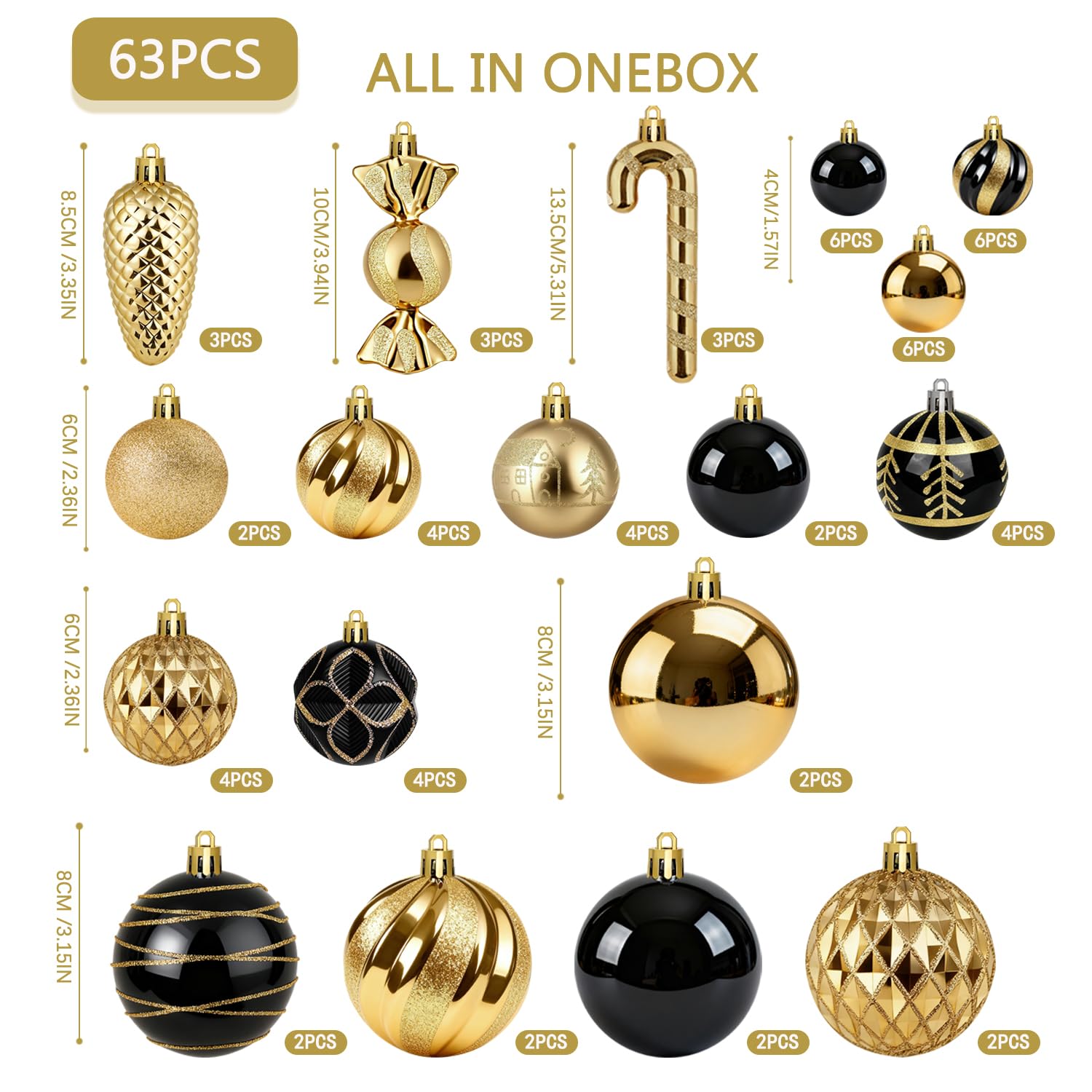 Miaikoe Set di decorazioni per albero di Natale, 63 pezzi, in plastica, antidistruttive, per feste di Natale, inverno, decorazioni per feste (nero e oro)