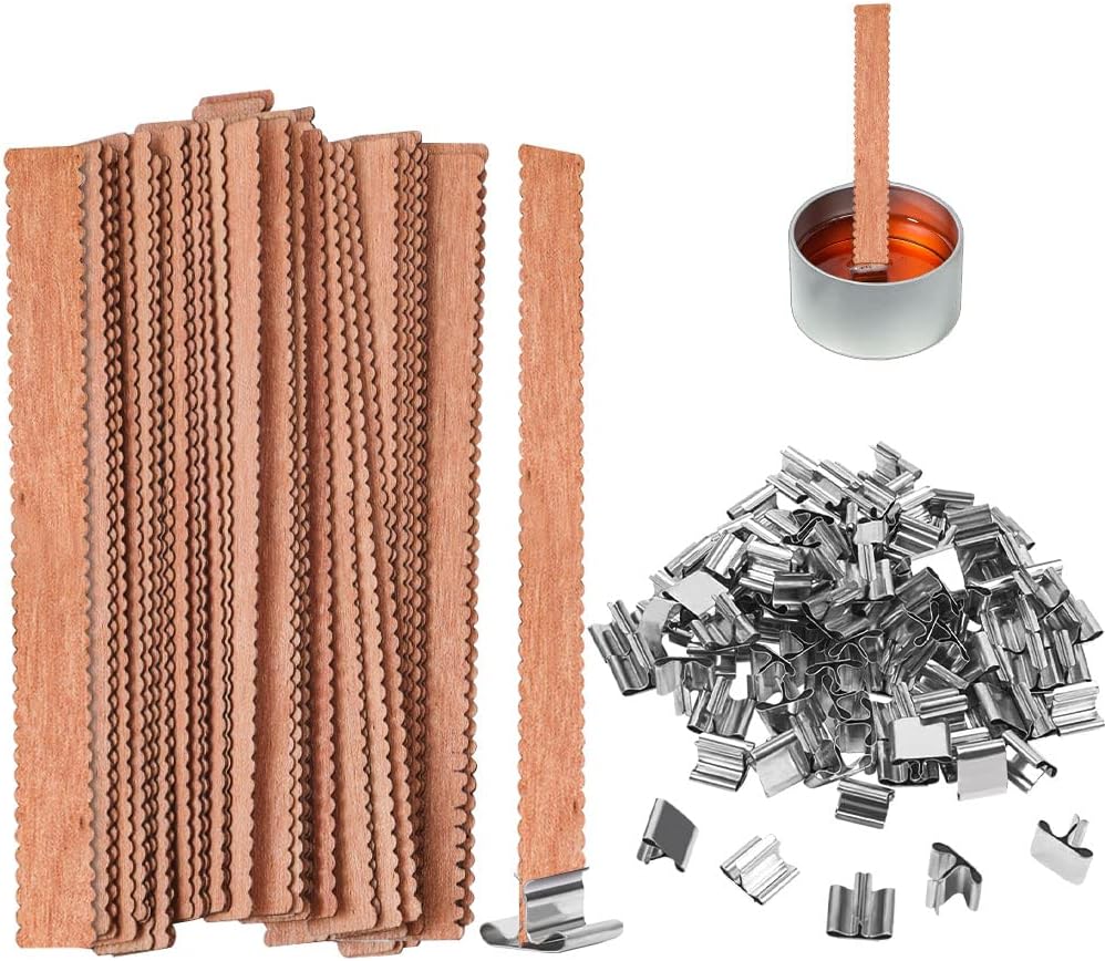 100pcs Wooden Candle Wicks, 5.1 X 0.5 Inch Candle Making Wicks Naturally Smokeless Wooden Candle Wicks Candle Cores with Iron Stand for DIY Candle Making(50 Set)