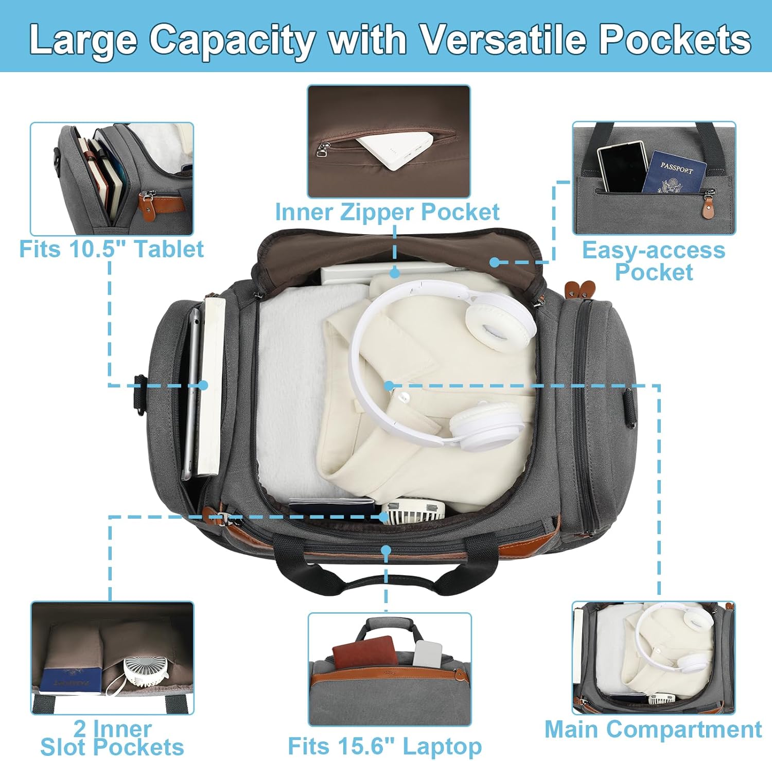 Duffle Bag for Travel, Expandable 50L Canvas Weekender Bag, Overnight Bag Travel Duffel Bag for Men Carry On Luggage with Removable Shoulder Strap, Durable & Water-Resistant