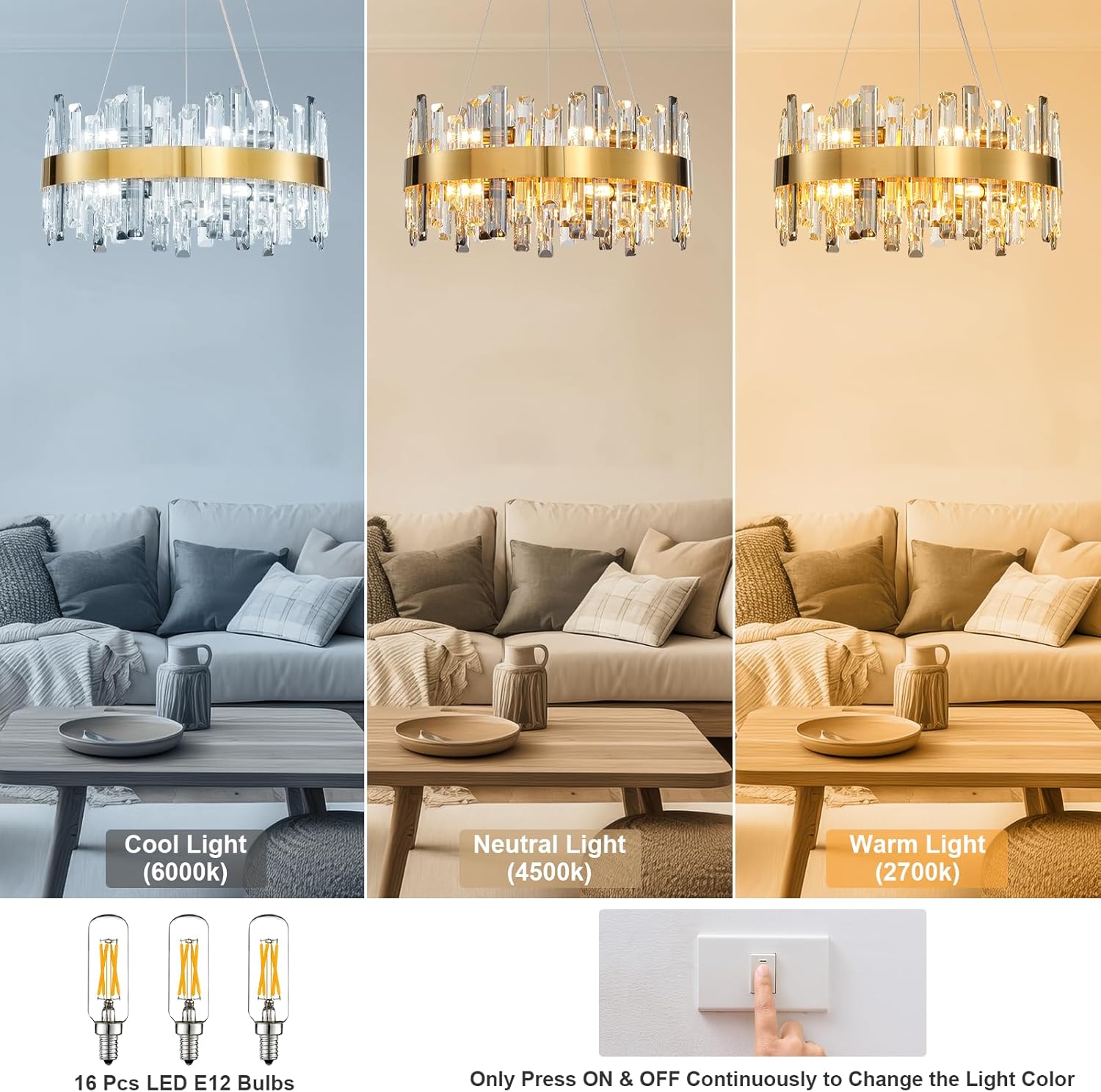 Modern Crystal Chandeliers, D19.6" Gold Round Chandelier For Dining Room, 12-Light Hanging Ceiling Light, K9 Crystal Pendant Light Fixtures,2-Tiers Chandelier For Over Table Entryway Kitchen Island