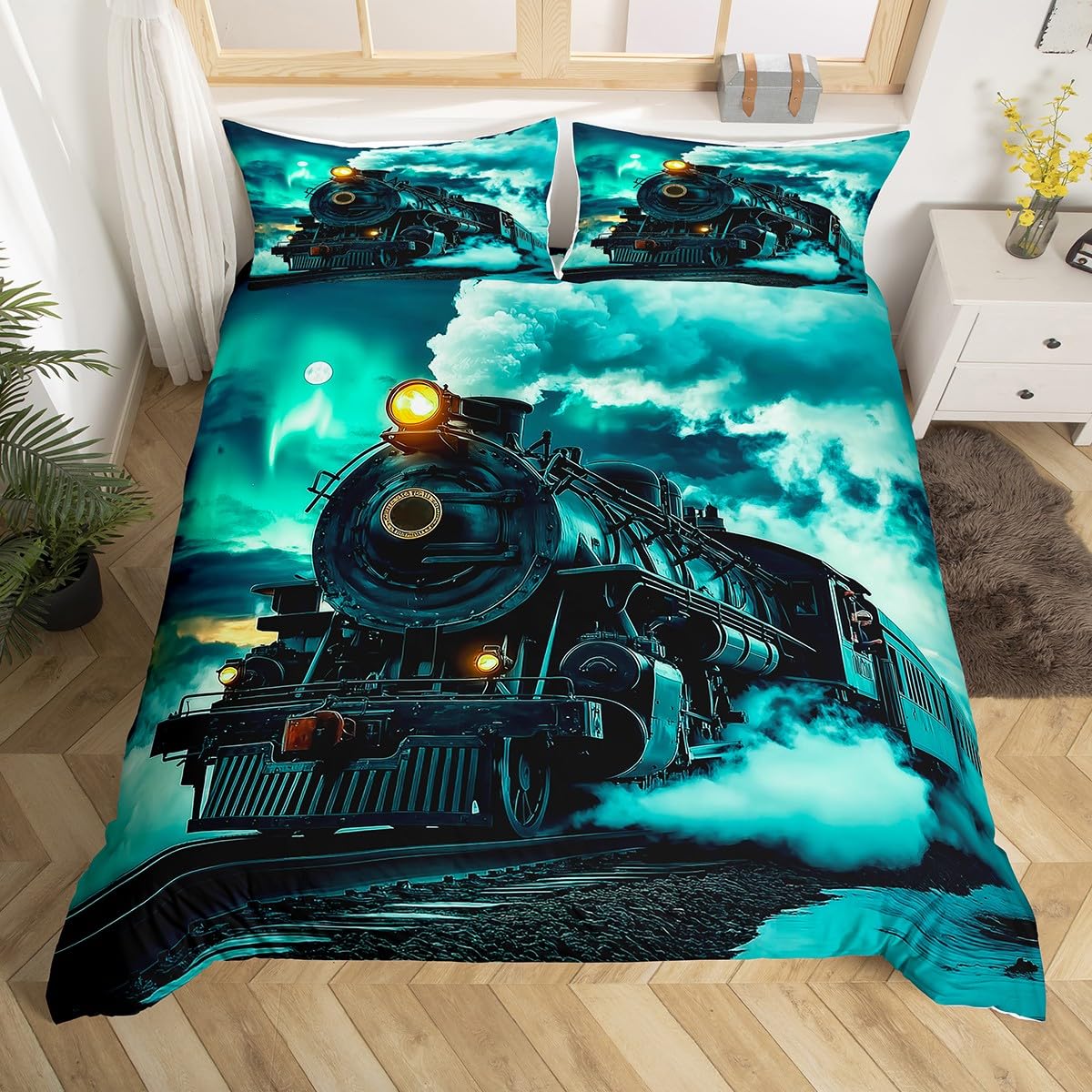 Homewish Retro silnik parowy super king poszewka na kołdrę pociąg tor kolejowy poszewka na kołdrę, vintage samochód dla dzieci chłopców zestaw pościeli pojazdy księżyc turkus narzuta na łóżko
