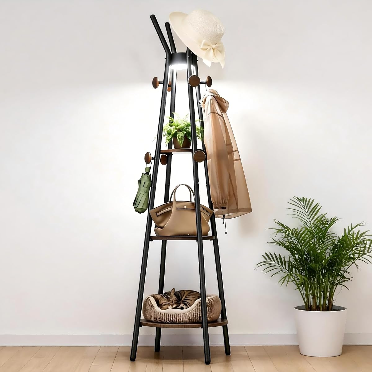 Freestanding Coat Rack with Light, 12 Hooks & 3 Wood Shelves, Black