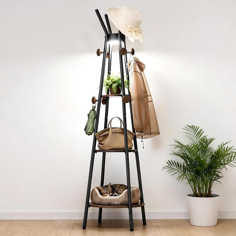 Freestanding Coat Rack with Light, 12 Hooks & 3 Wood Shelves, Black
