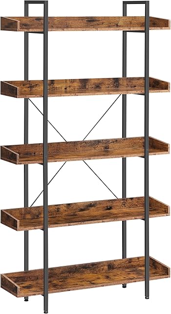 VASAGLE Bookshelf, 5-Tier Shelving Unit, Spacious Storage Shelves, Easy Assembly, Living Room, Bedroom, Home Office, Industrial, Rustic Brown and Black LLS110B01