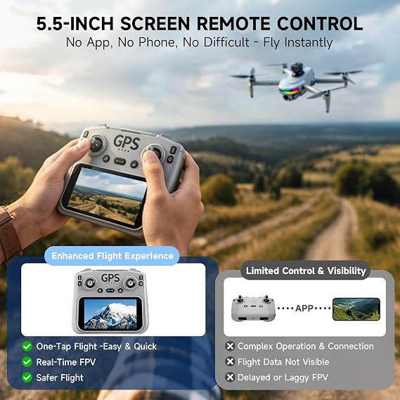 GPS Drone with 4K Camera for Adults, 5.5 HD Touchscreen Remote, Brushless Motor, 50 Mins Flight, Follow Me Drone, Auto Return, Long Range Transmission, AI Track & Orbit Mode, Under 260g