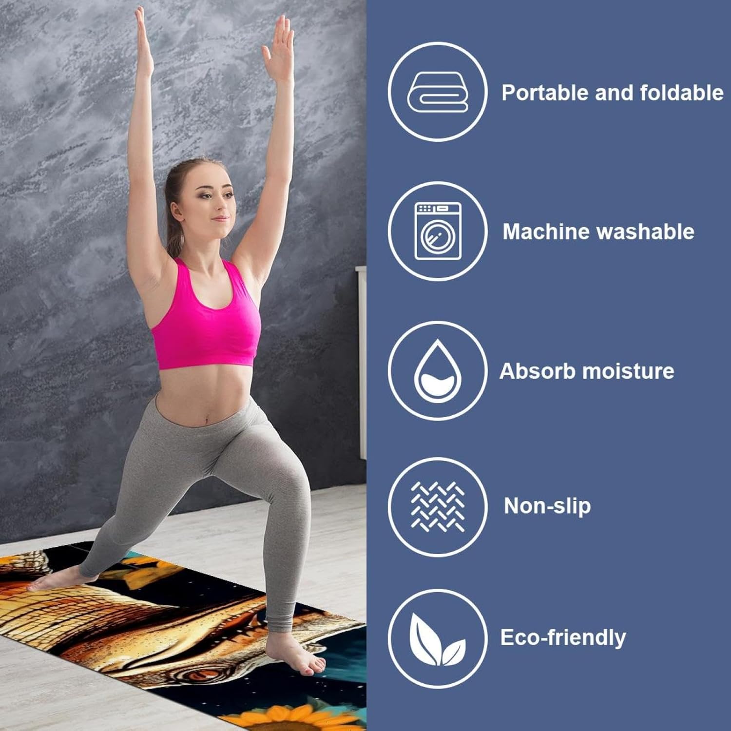 Yoga Towel, Crocodile Star Sunflower Non Slip Sweat Absorbent Hot Yoga Mat Towel for Hot Yoga, Pilates and Fitness - 72.8" x 26.8"