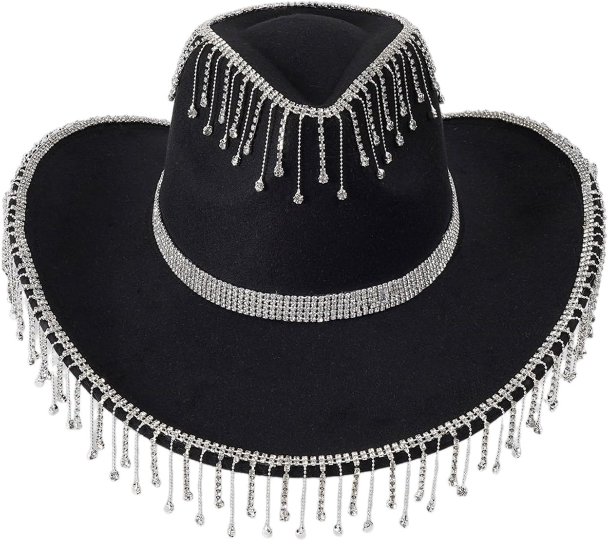 SHU GE Cowboy Hat,Fringe for Woman Male Breathable Hat with Rhinestones Fringe Banquets Party Photography Hat Black